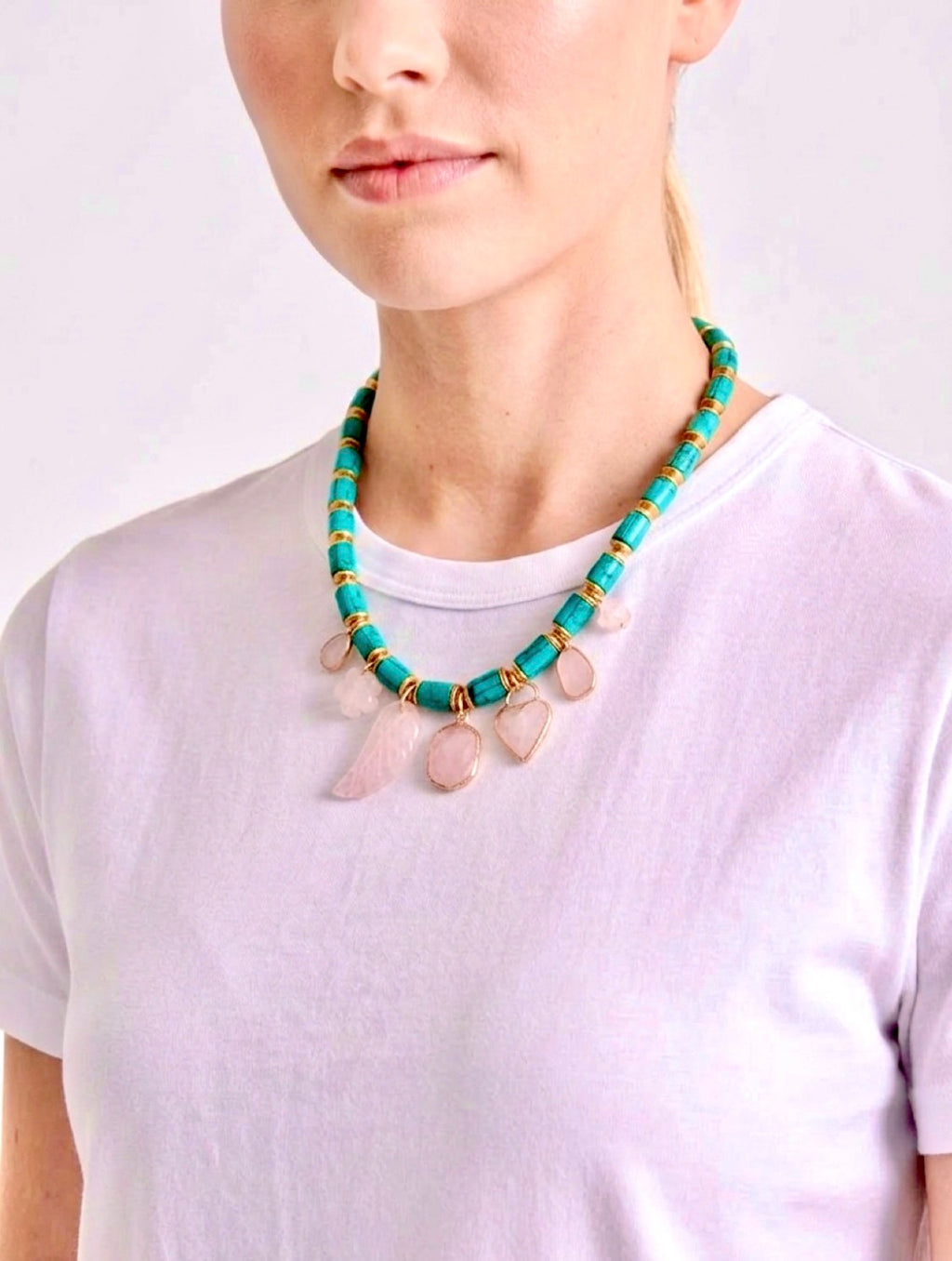Good Fortune Necklace: Inlaid Turquoise with Rose Quartz Charms