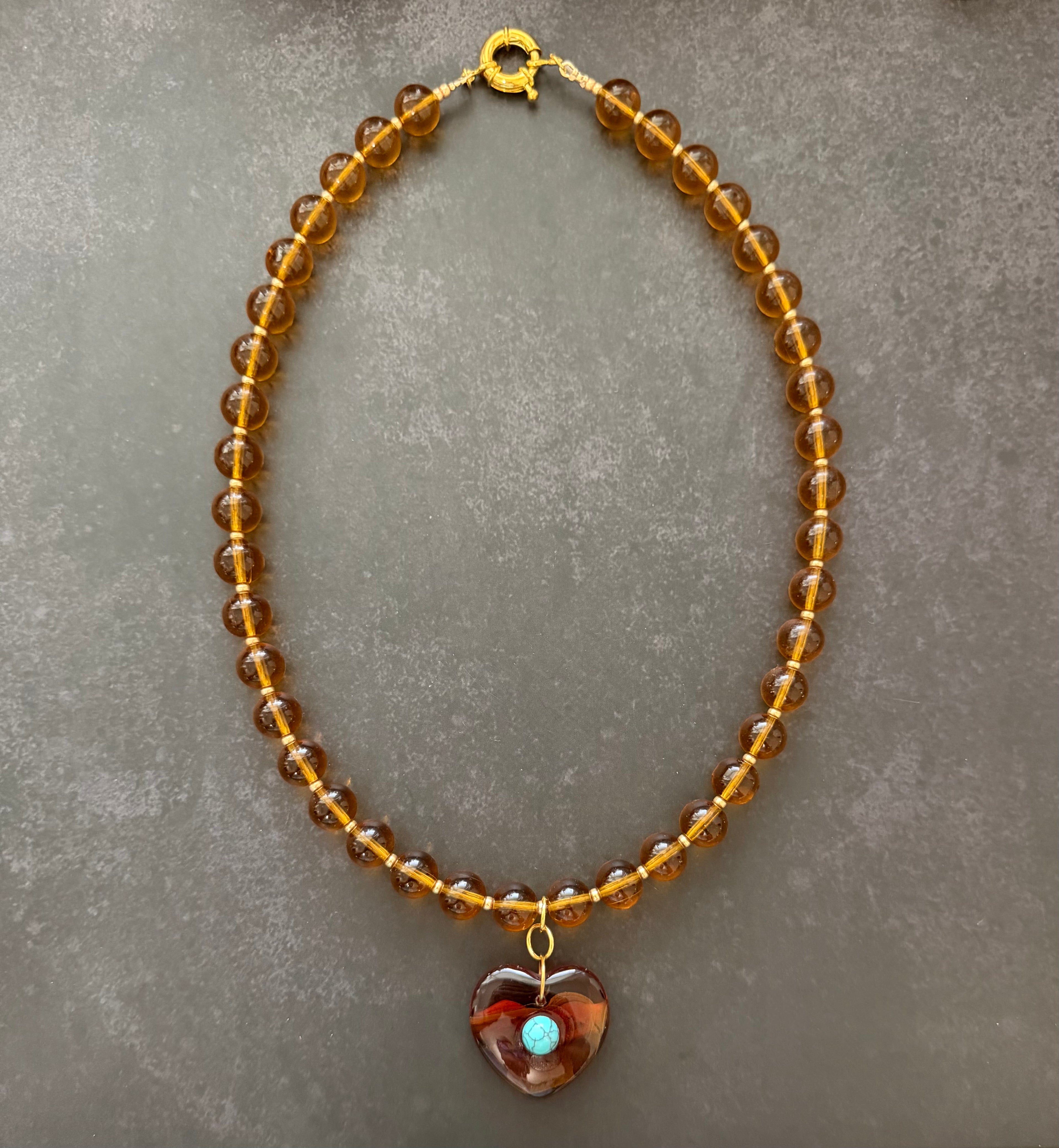 The Honeystone Heart Necklace: Glass beads & pendant with a turquoise center