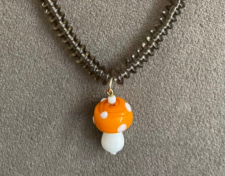 The Smokey Mushroom Necklace: Smokey Quartz Beads with a Hand Painted Glass Mushroom Charm