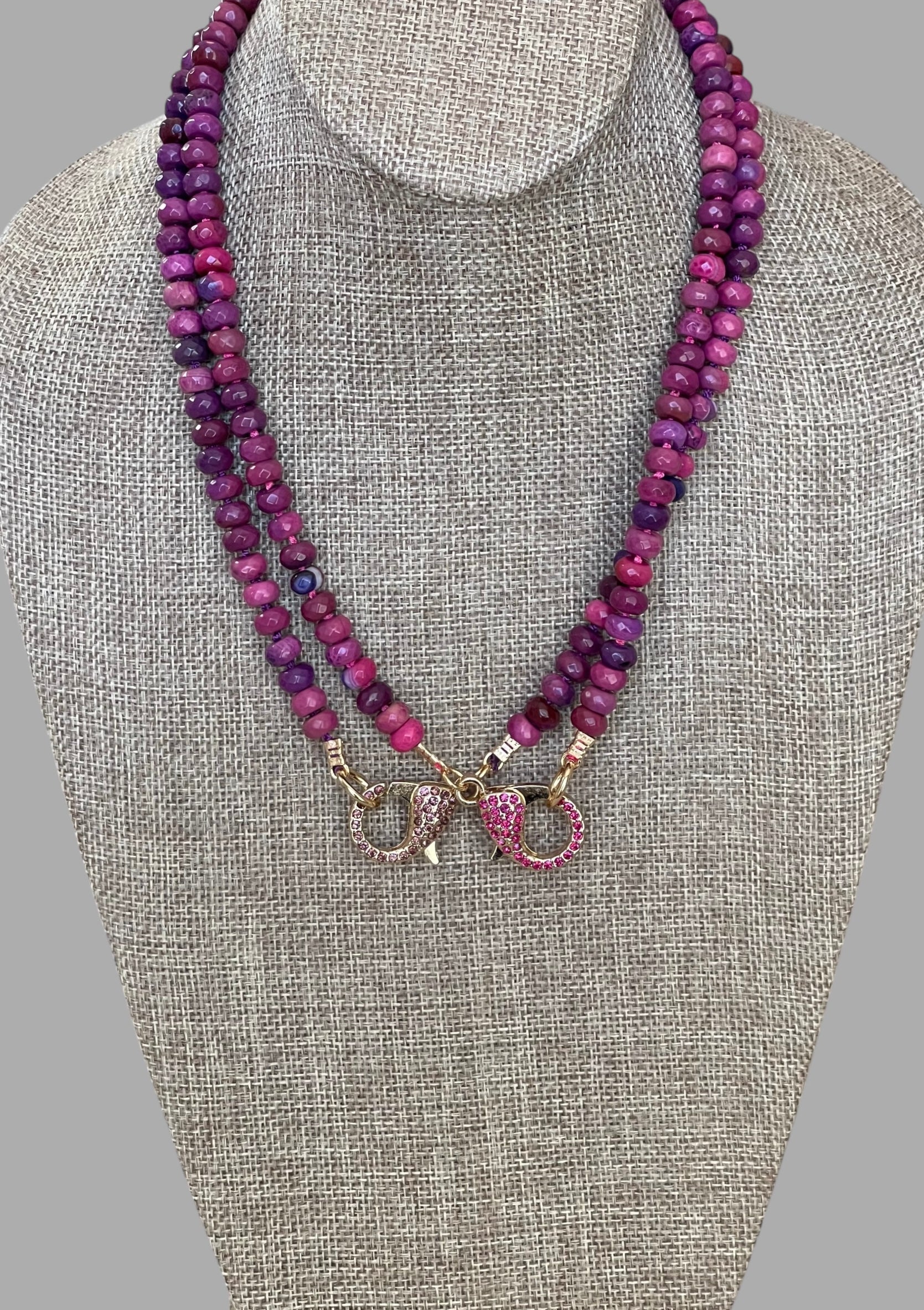 Cascadia Bloom Necklace: 2 Options- Dyed Agate faceted beads Hand knotted on silk, one w/ hot pink silk and hot pink pavé clasp and the other on purple silk w/ purple pavé clasp