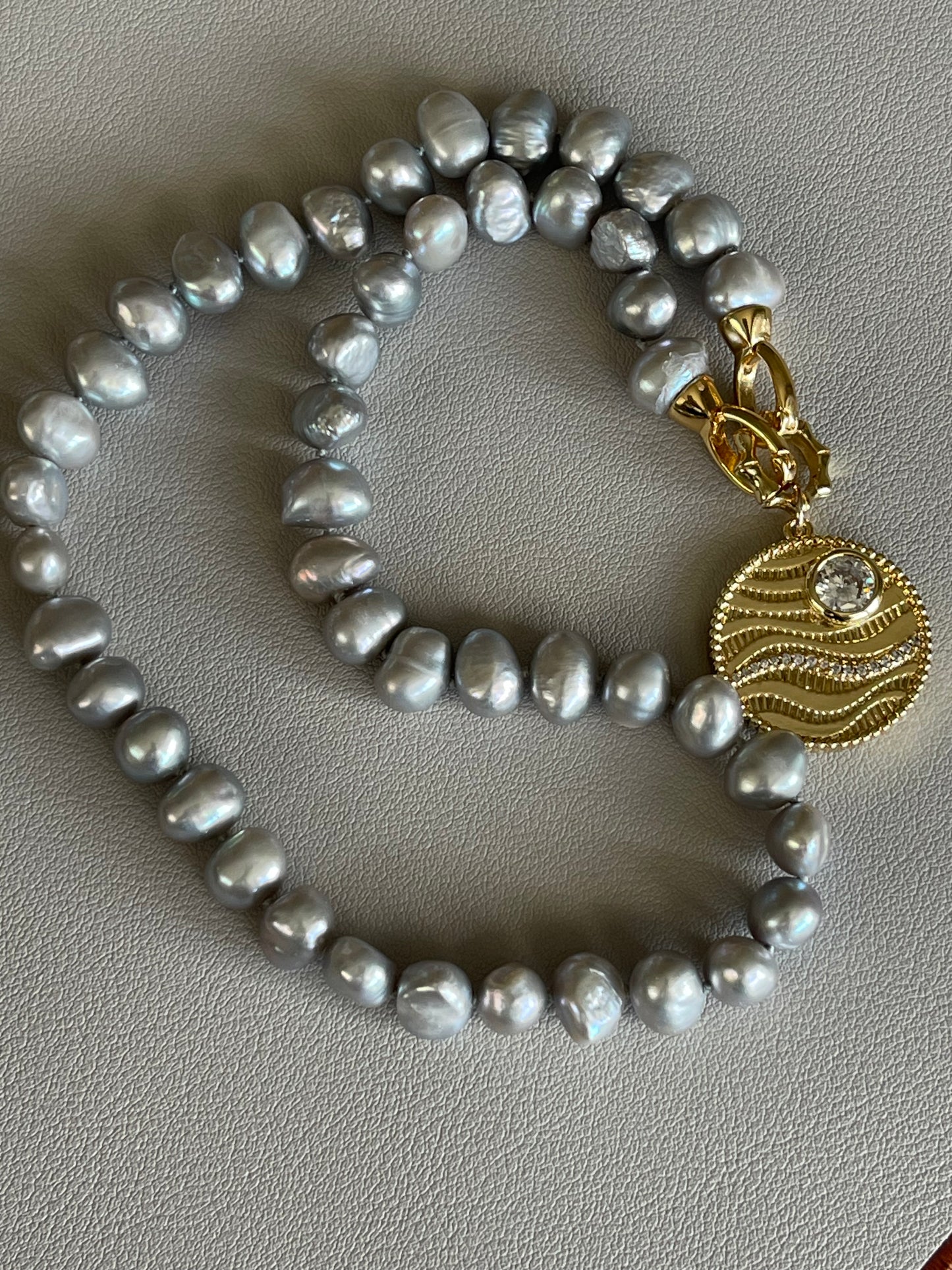 Sunny Day On The Ocean Necklace: One of a Kind Silver Gray Pearls Hand Knotted with Gold Filled Clasp and Charm