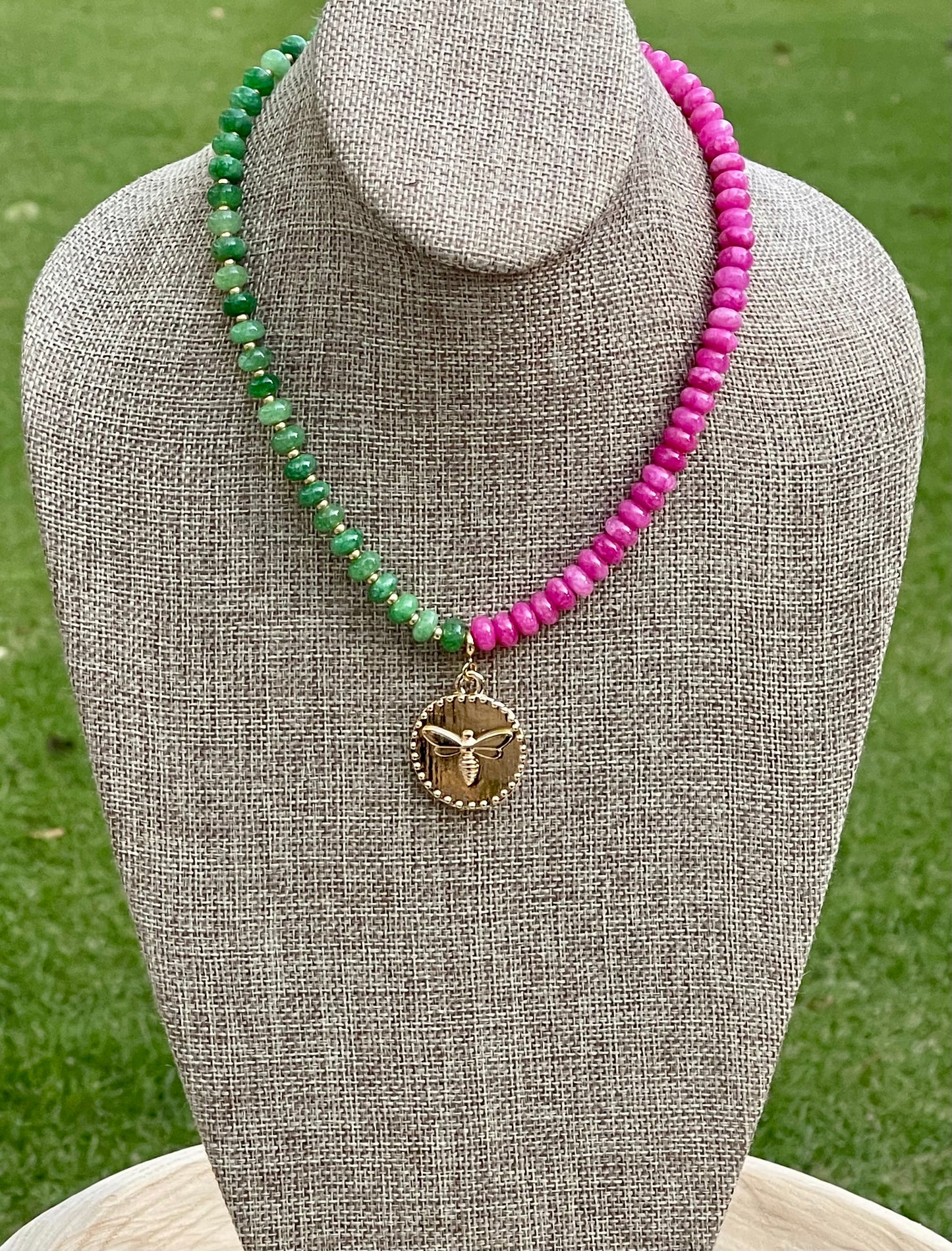 Honey Pop Necklace: OOAK Green & Hot Pink Natural Jade Stone Beads, Gold Accents, a Shiny Gold Bee Coin Style Pendant