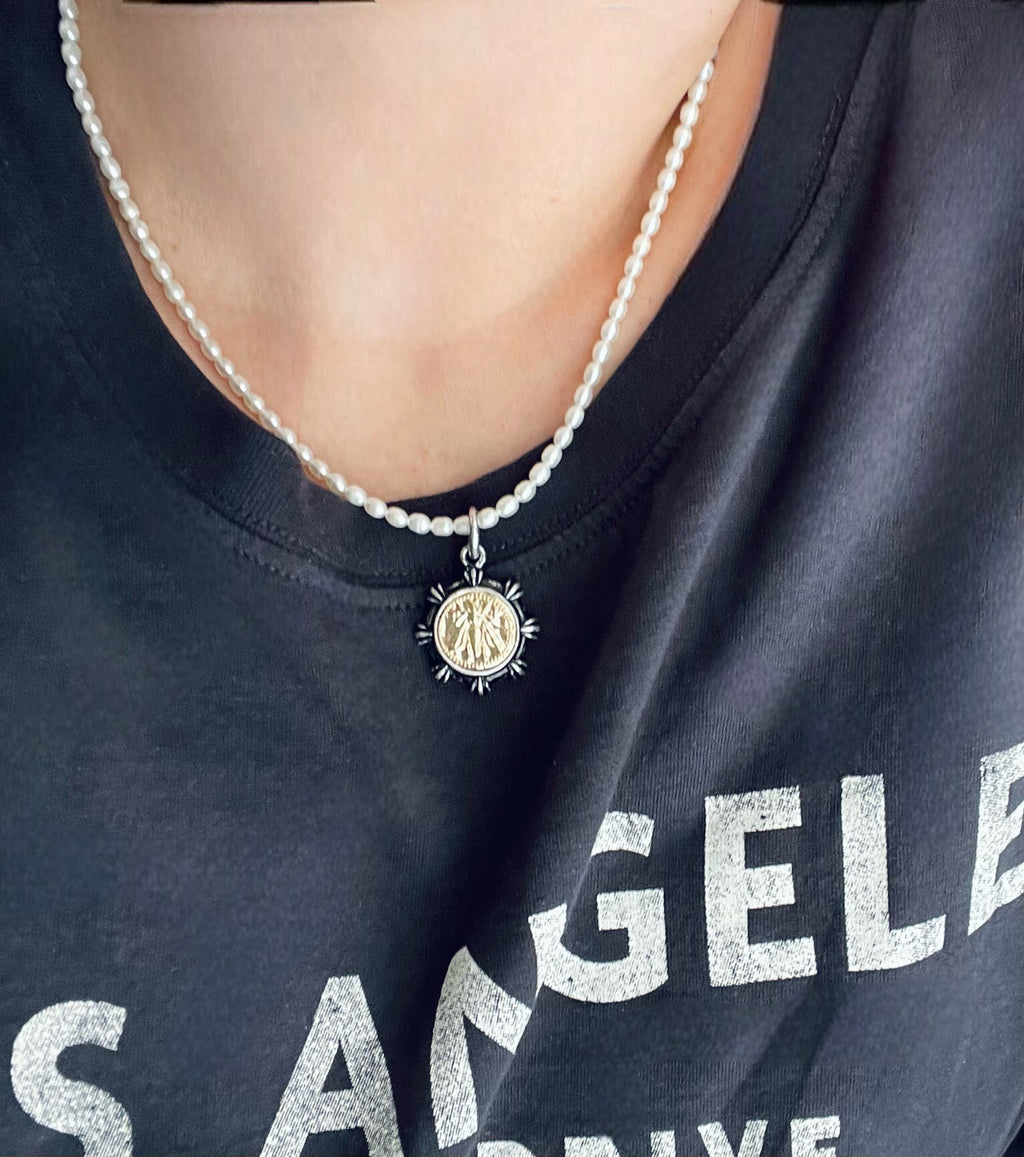 Bee Happy II Necklace: A Freshwater Pearl Necklace w a Silver/Gunmetal/Gold French Bee Coin Pendant