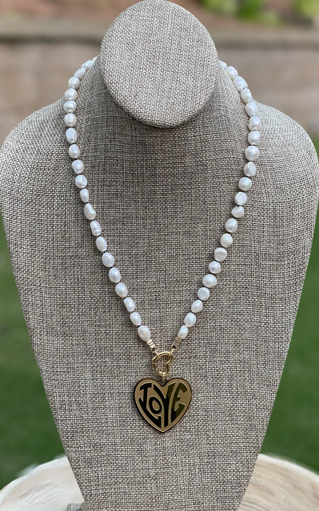 Can’t Buy Me Love Necklace: High Quality Lustrous Pearls HandKnotted on Black Silk Gold Heart Clasp and Love Heart Pendant OOAK