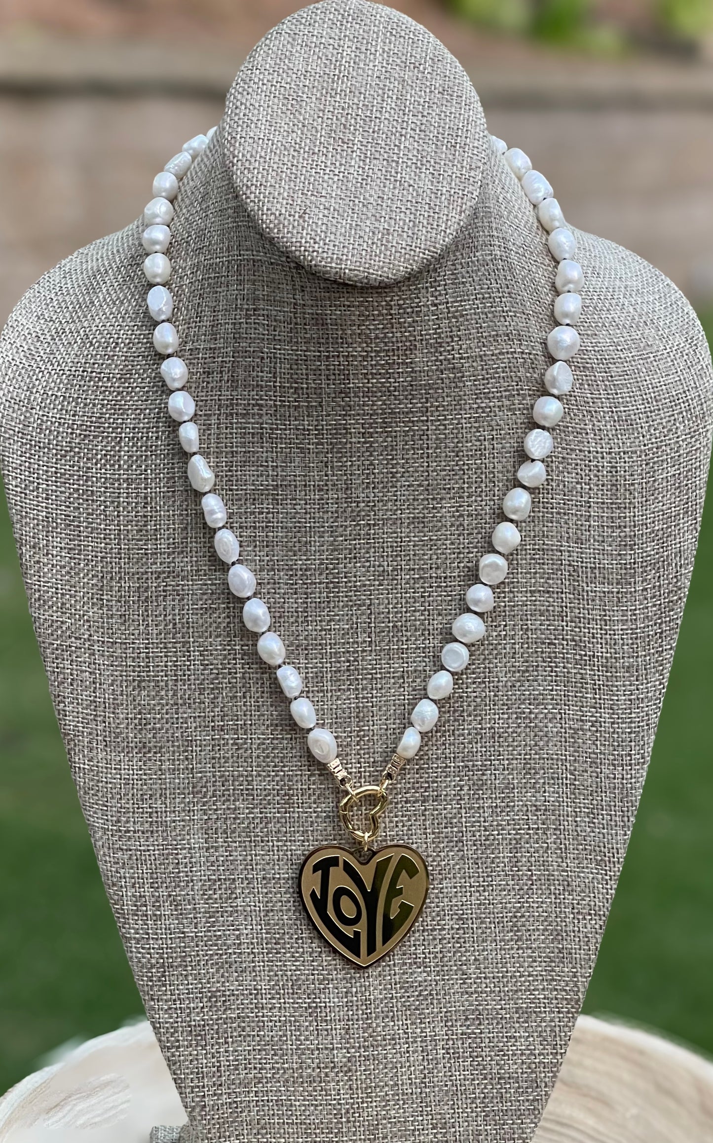 Can’t Buy Me Love Necklace: High Quality Lustrous Pearls HandKnotted on Black Silk Gold Heart Clasp and Love Heart Pendant OOAK