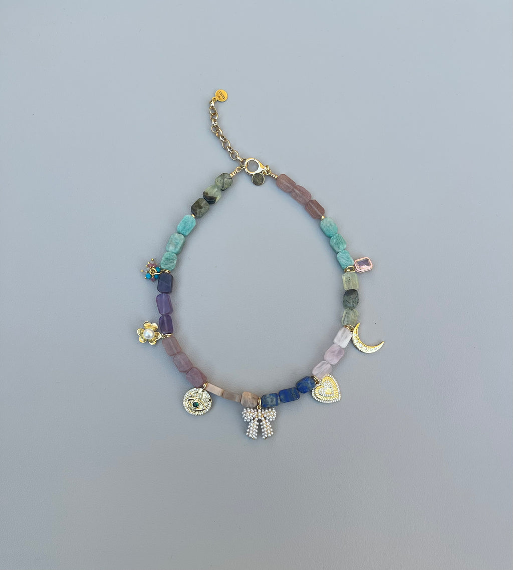 The Gemmy Charms Necklace: Mixture of Gemstone rectangle beads and fun gold charms—Limited Edition