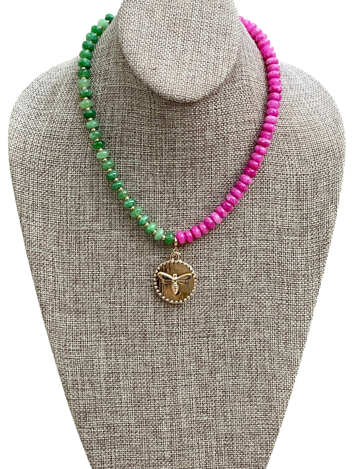 Honey Pop Necklace: OOAK Green & Hot Pink Natural Jade Stone Beads, Gold Accents, a Shiny Gold Bee Coin Style Pendant
