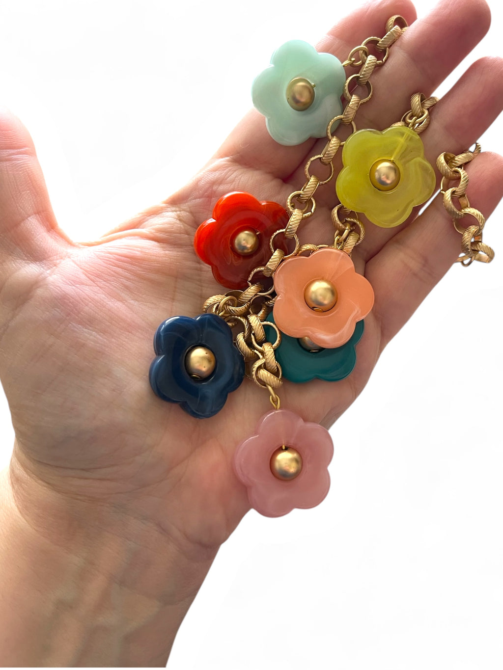 Bloom Necklace: Acrylic flowers with brushed gold centers on a brushed gold Rolo chain
