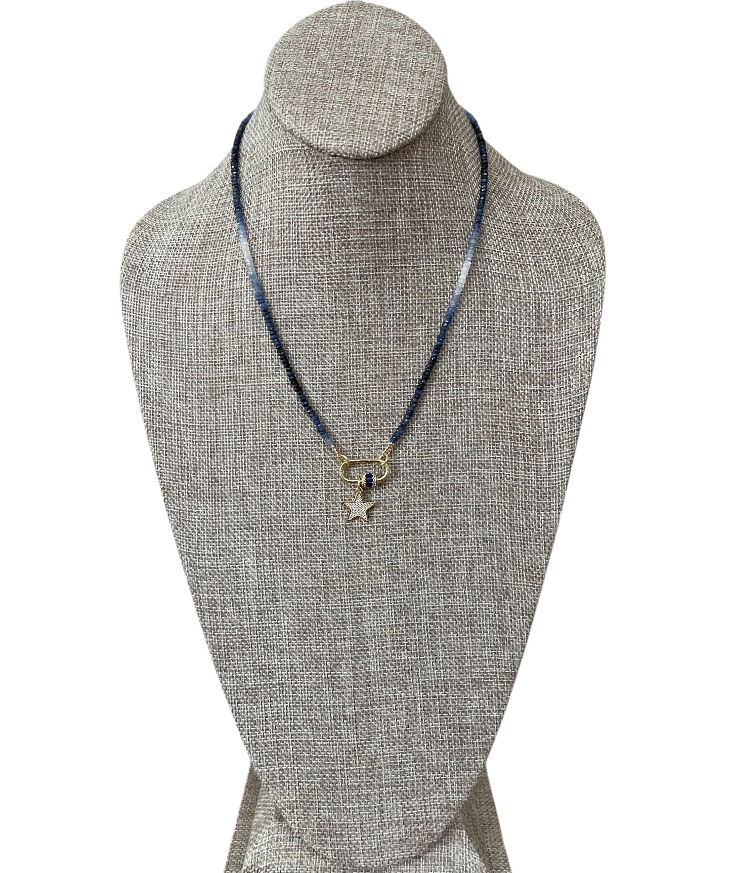 Starlight Path Necklace: Faceted Sapphire Gemstone beads in an ombré pattern, Gold carabiner with deep blue CZ’s, Gold pavé star charm OOAK