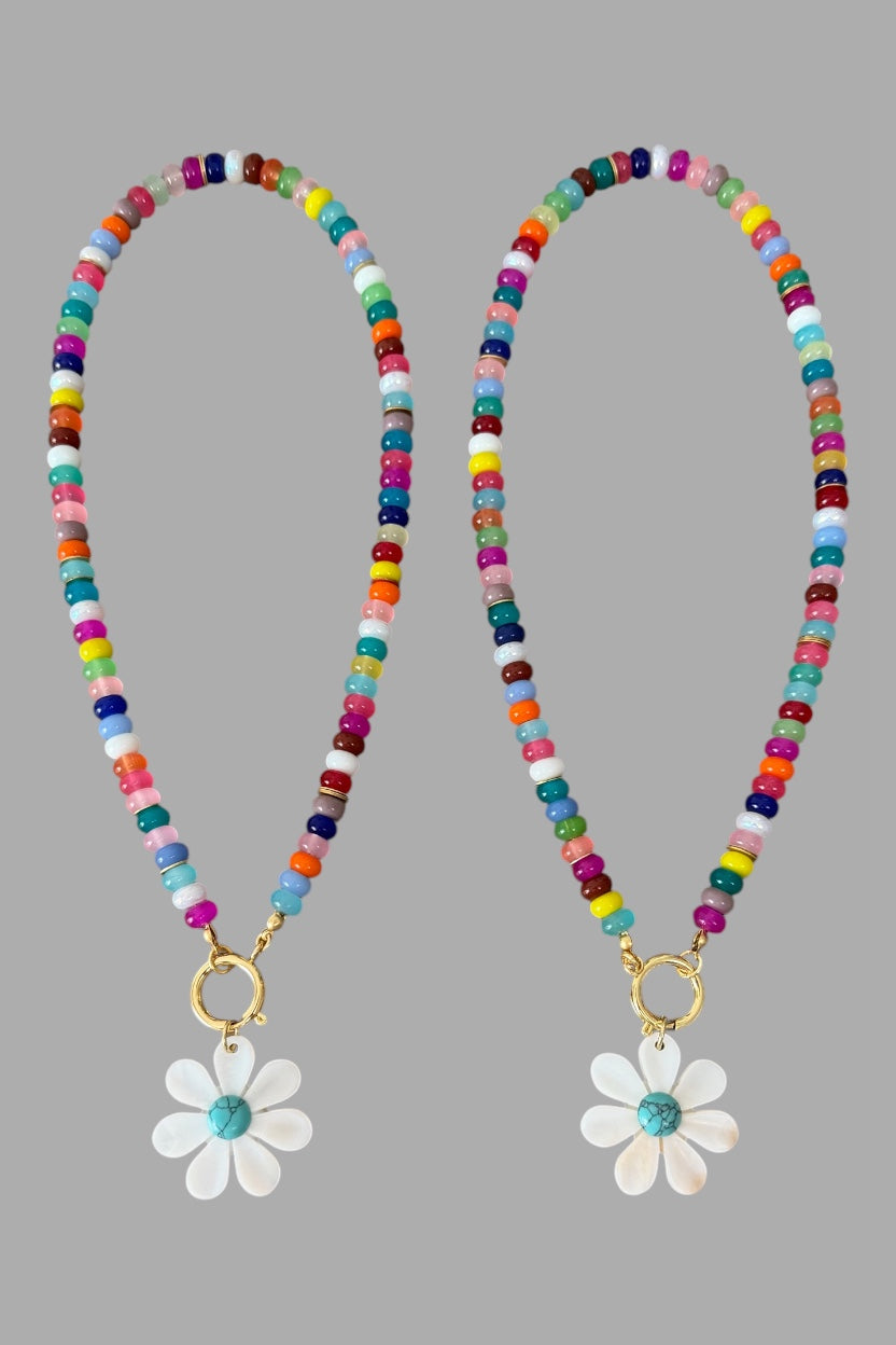 Happy Bloom Necklace: Mixed Gemstones & Glass beads Mother of Pearl Pendant