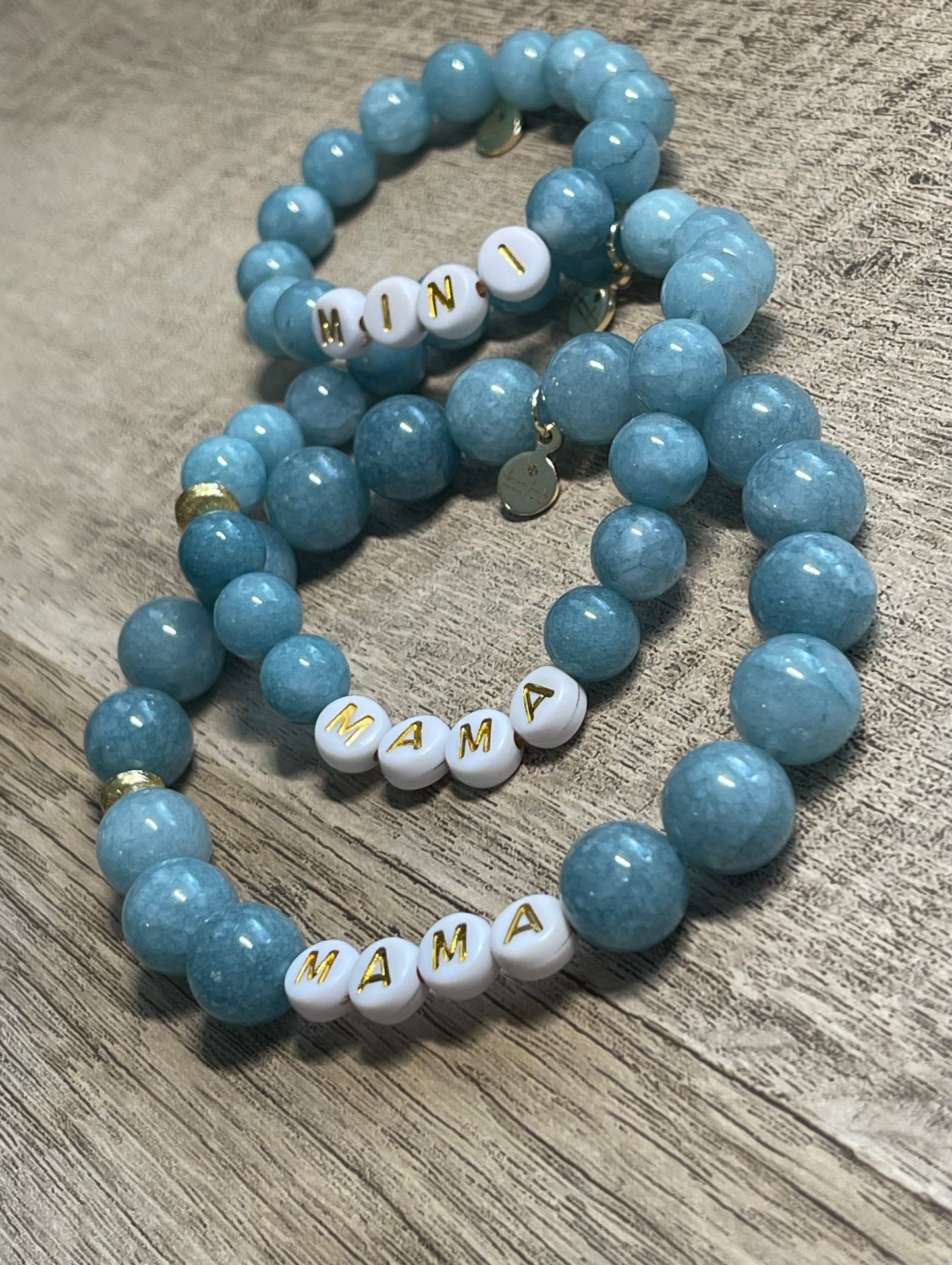 Mama & Mini Bracelets: Blue Jade round bead stretch bracelets Gold accents