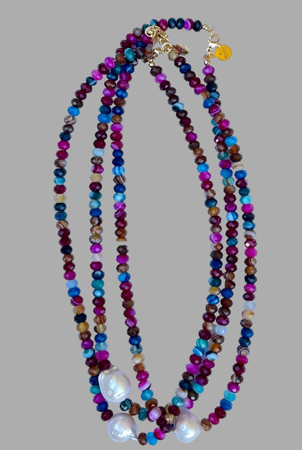 Jewel Toned Jen Necklace: African Mixed Banded Agate Diamond-Cut Beads with a Baroque Pearl Centerpiece