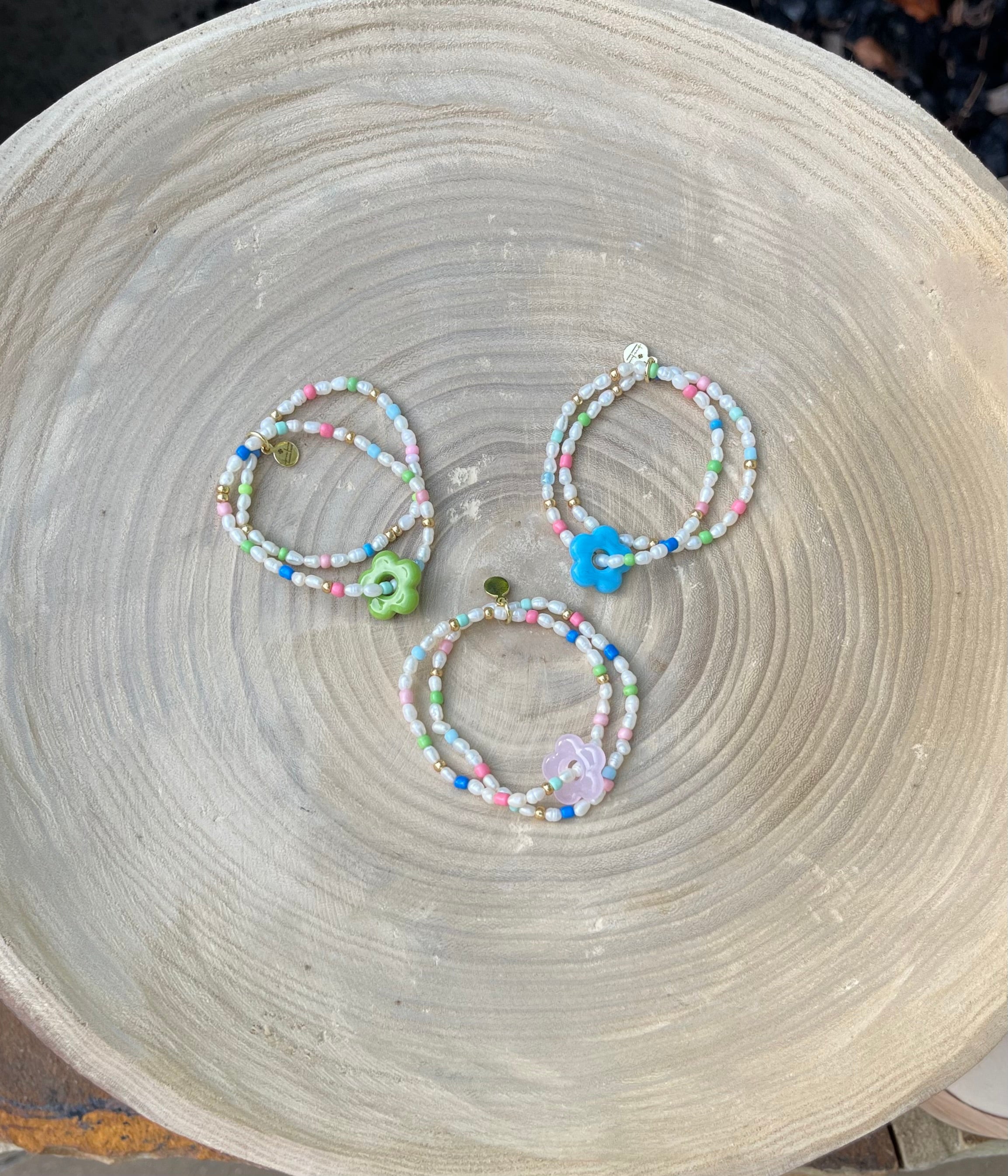 Candy Petals Bracelet Duo: Freshwater Pearls with candy colored accents 2 Stretch Bracelets Choose pink green or blue flower