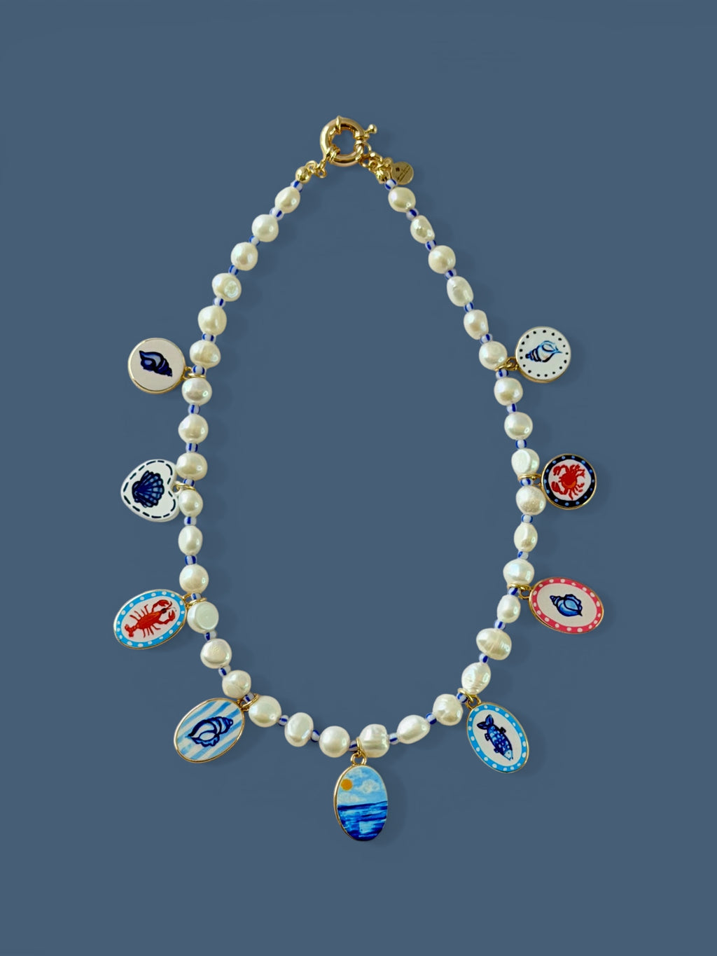 The Salt & Story Necklace: Freshwater Pearls, striped seed beads & Cloisonné charms OOAK
