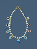 The Salt & Story Necklace: Freshwater Pearls, striped seed beads & Cloisonné charms OOAK