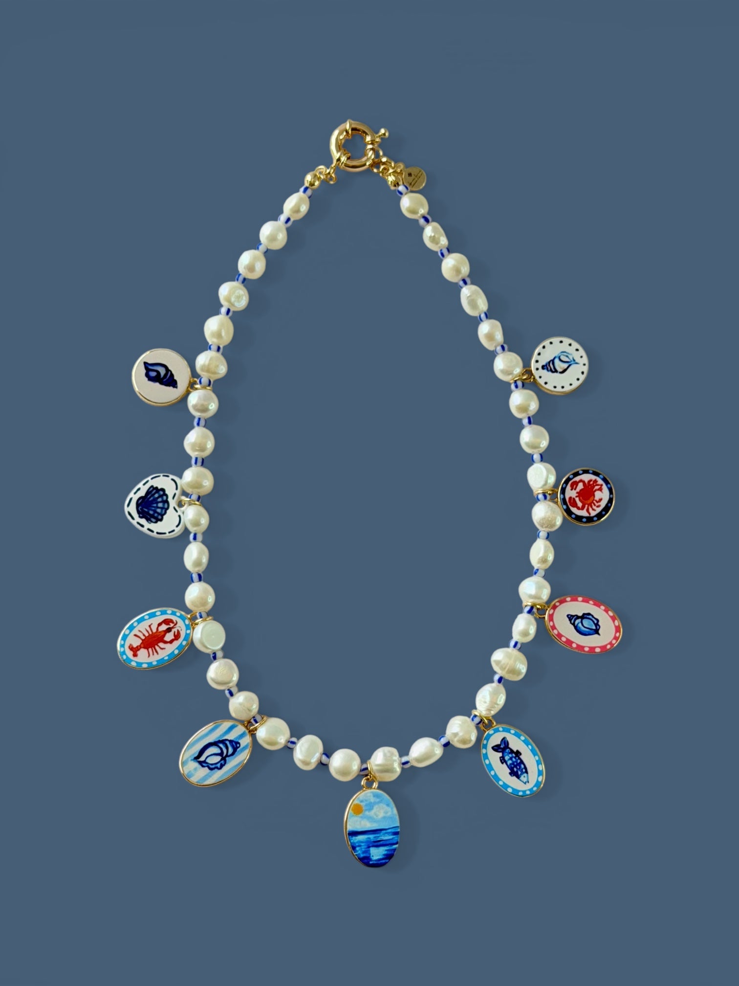 The Salt & Story Necklace: Freshwater Pearls, striped seed beads & Cloisonné charms OOAK