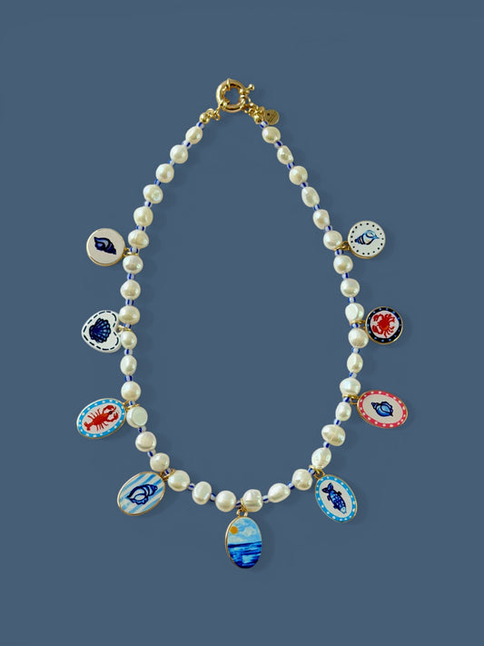 The Salt & Story Necklace: Freshwater Pearls, striped seed beads & Cloisonné charms OOAK
