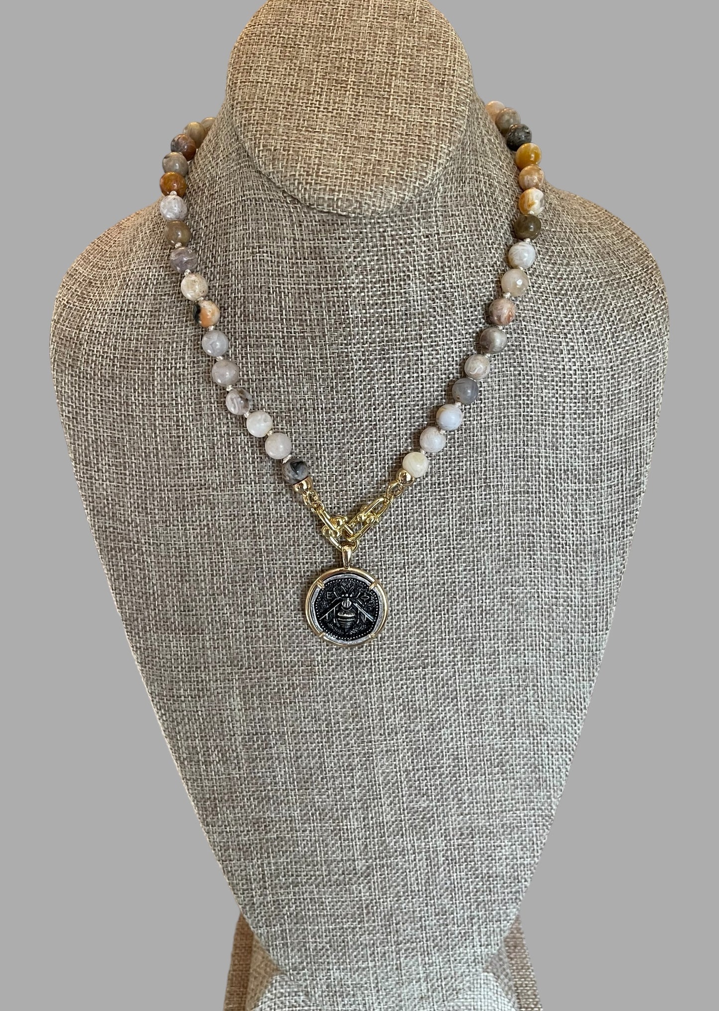 Agate Bee Necklace: Handknotted Bamboo Agate Beads with an Ancient Greek Reproduction Coin Pendant