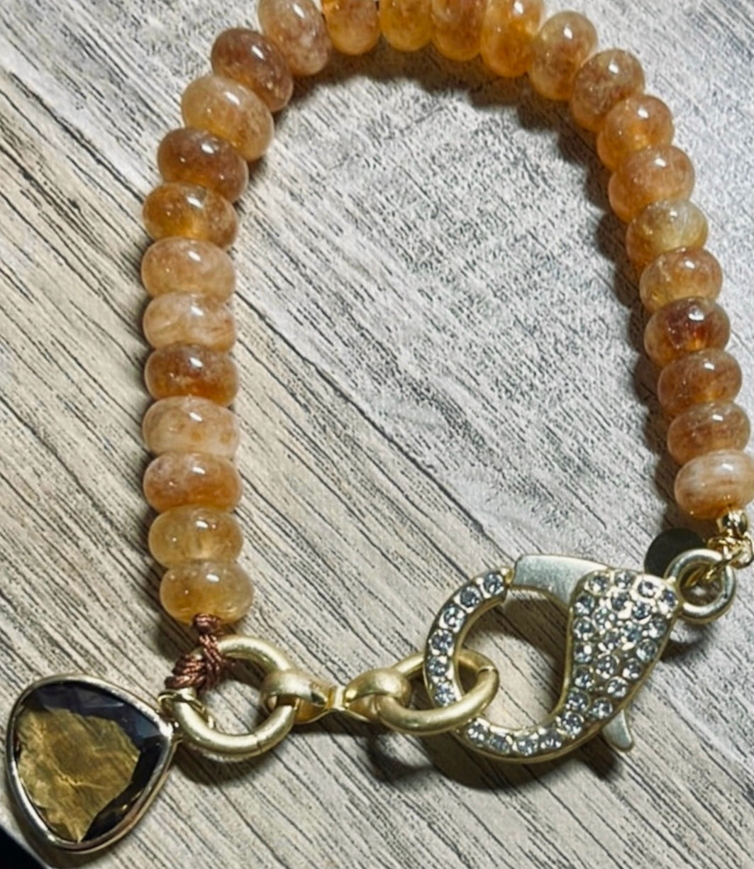 Amber Glow Bracelet: Yellow Topaz Stone Bead Bracelet with Pavé Clasp and Crystal Charm