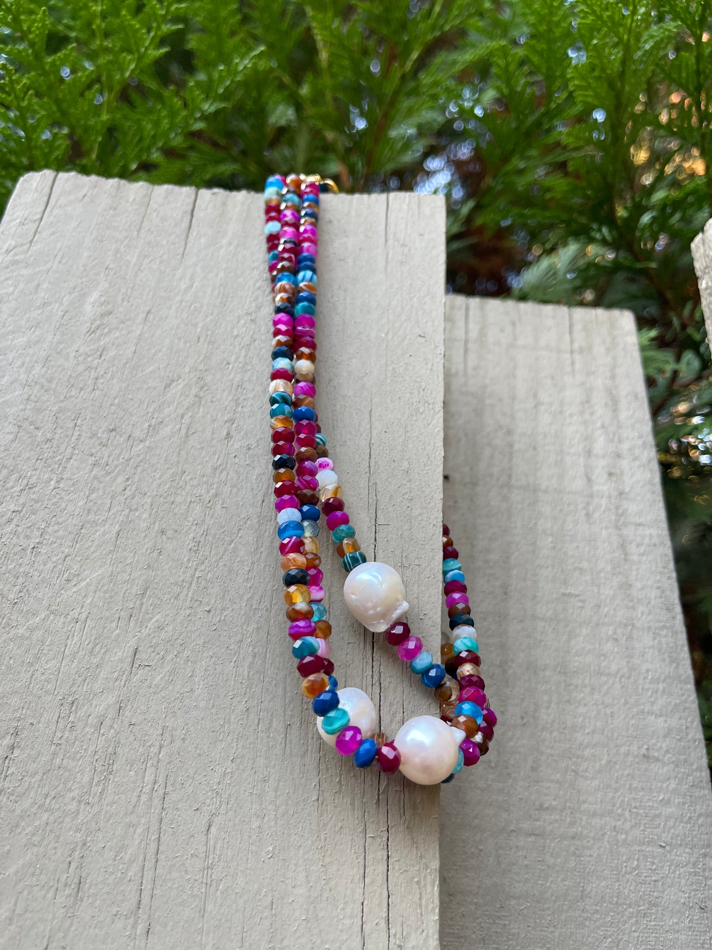 Jewel Toned Jen Necklace: African Mixed Banded Agate Diamond-Cut Beads with a Baroque Pearl Centerpiece