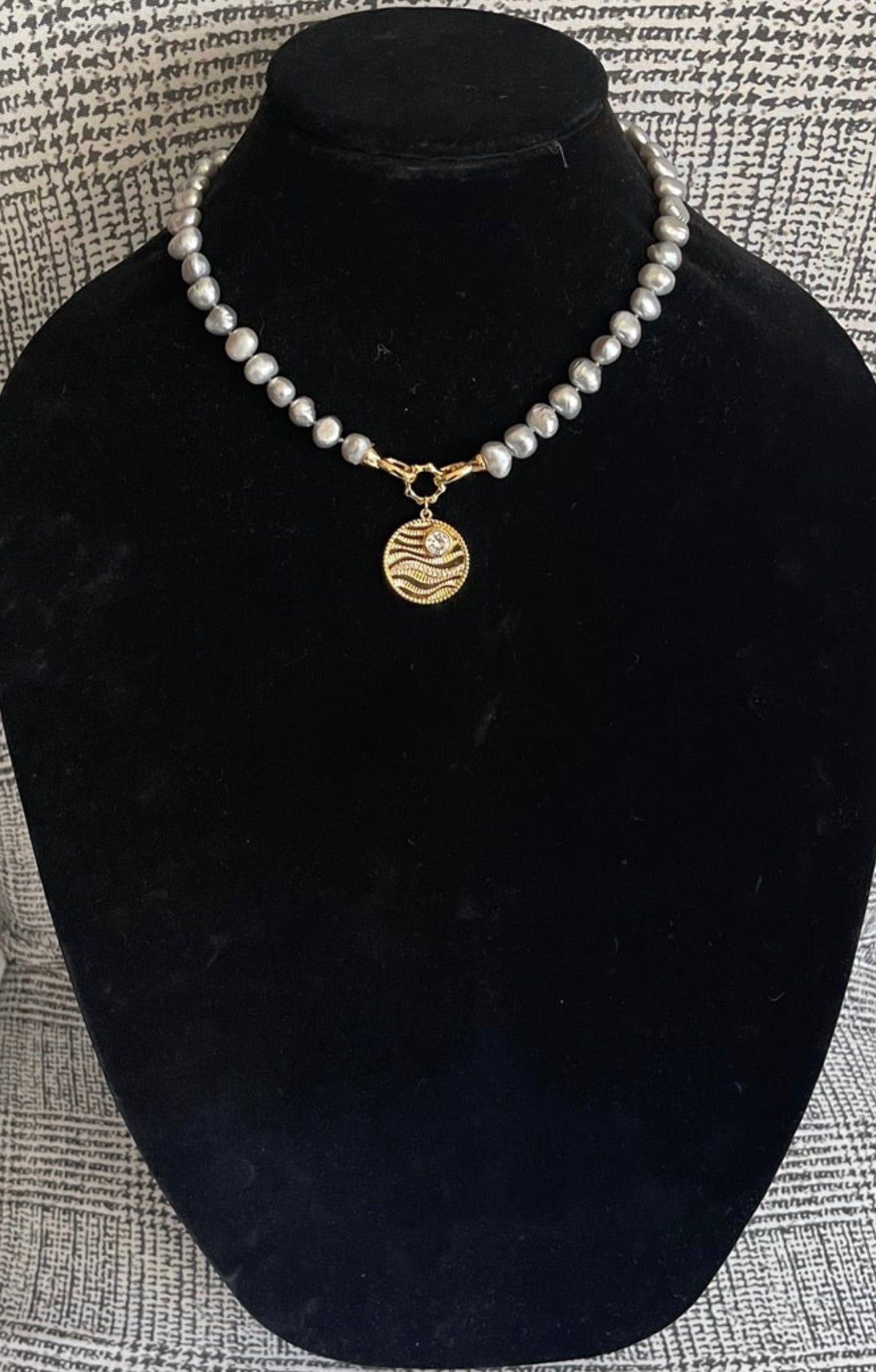 Sunny Day On The Ocean Necklace: One of a Kind Silver Gray Pearls Hand Knotted with Gold Filled Clasp and Charm