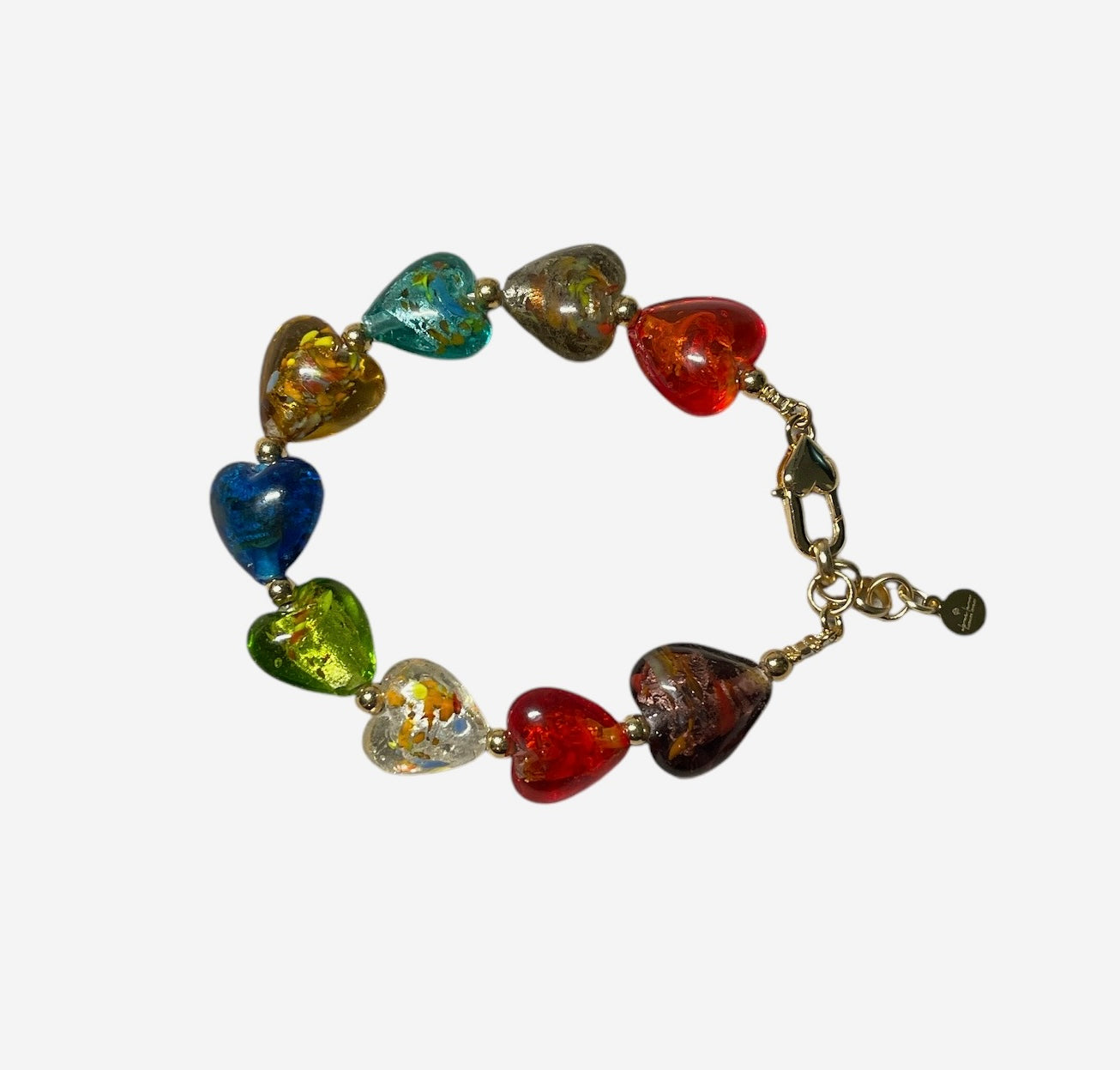 Glass Heartbeats Bracelet: Colorful Handmade Lamp-work Glass Heart Beads Accented with Gold Or Silver