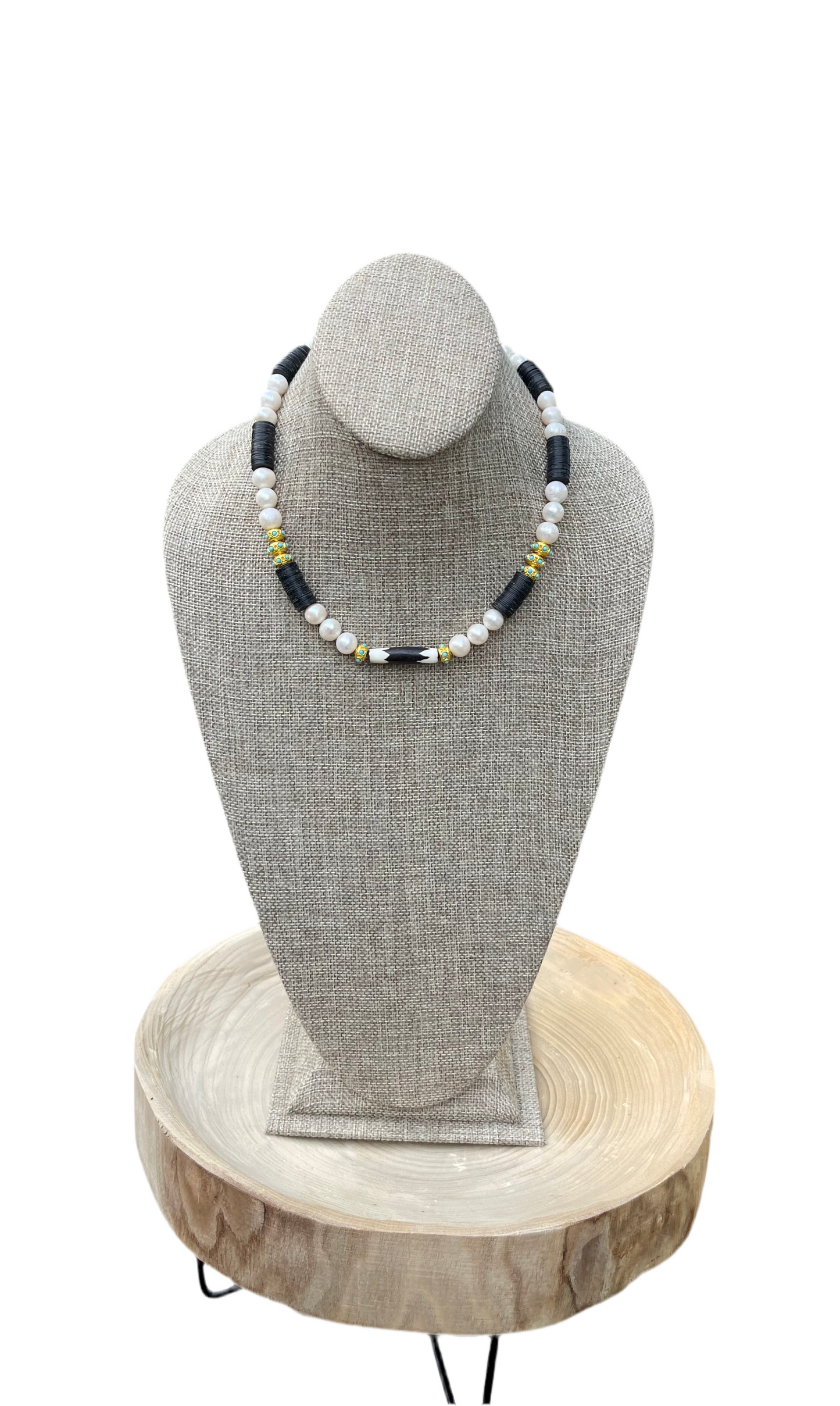 Tribal Throne Necklace: Creamy Freshwater Pearls African beads & gold accents OOAK