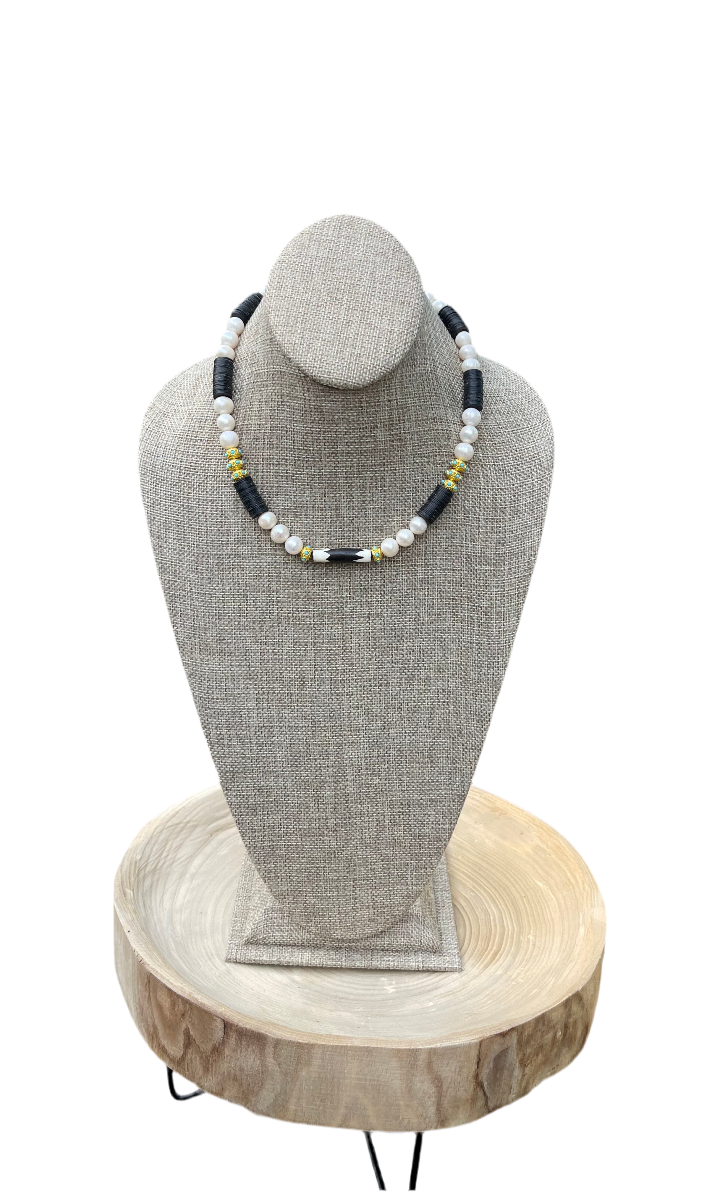 Tribal Throne Necklace: Creamy Freshwater Pearls African beads & gold accents OOAK