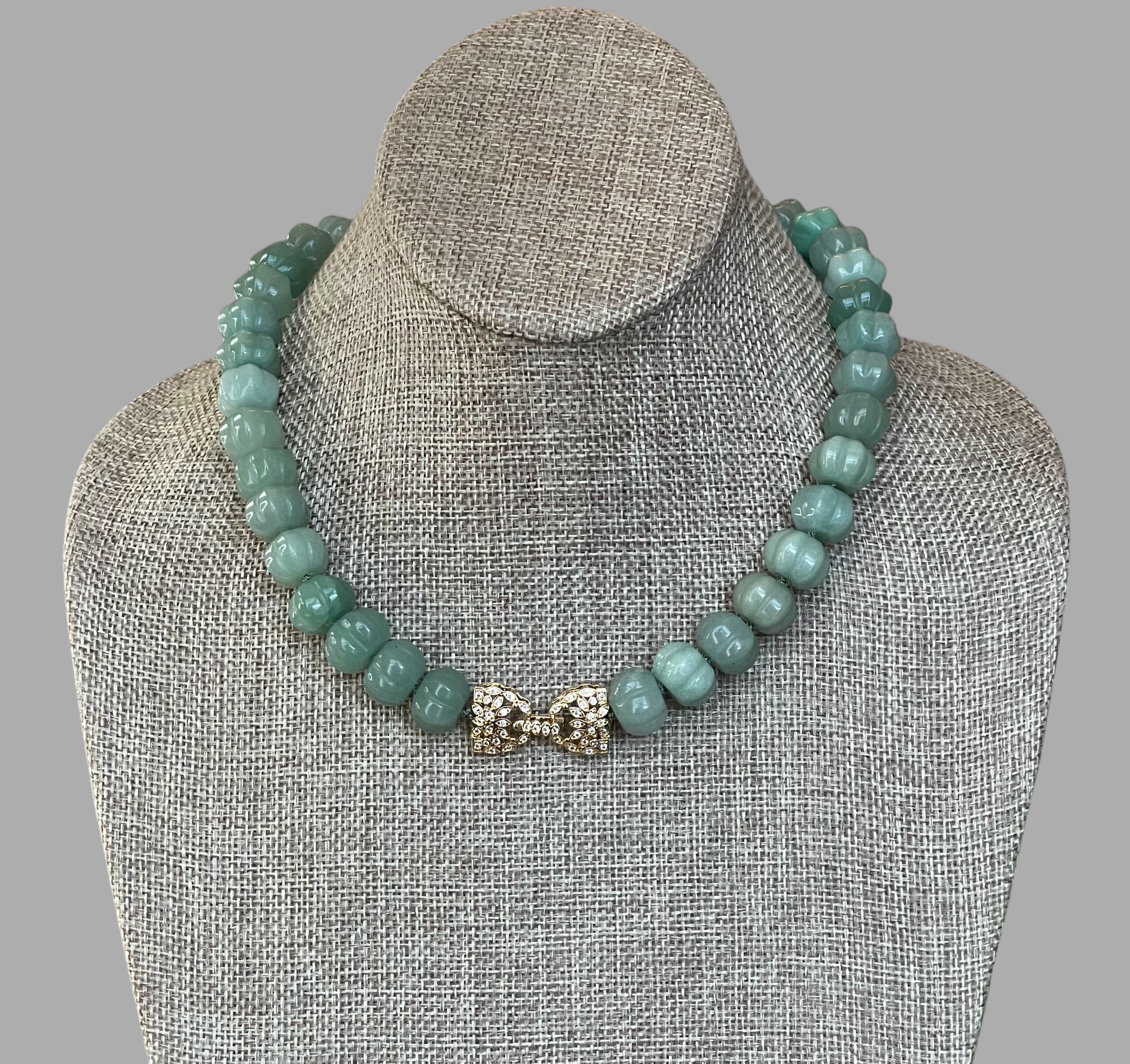 Sage Serenade Necklace OOAK: Sage green hand carved gemstones Hand-knotted on silk