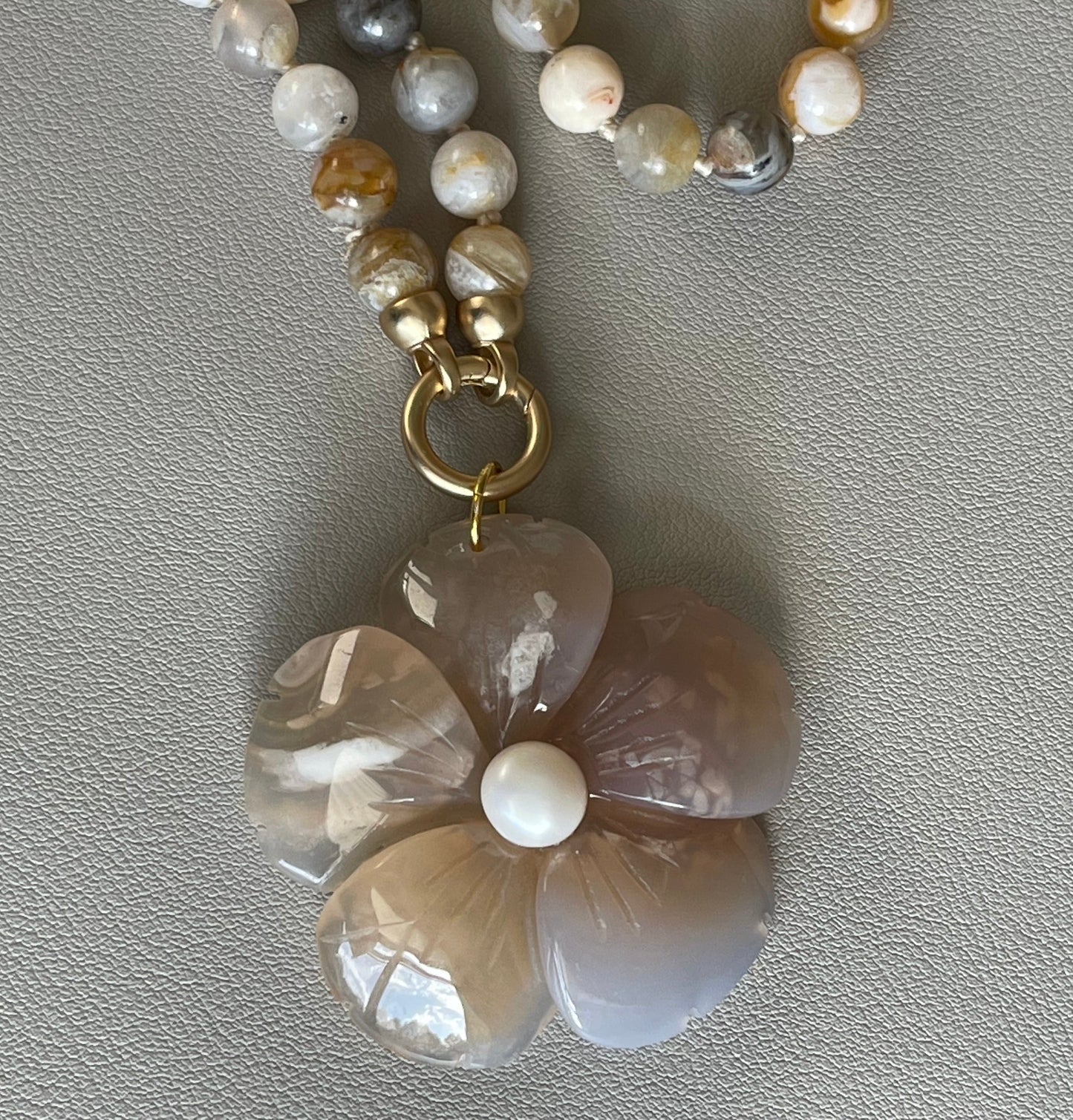 Waikiki Weekend Necklace: Bamboo Agate Hand Knotted w Flower Agate Hand Carved Pendant w Pearl