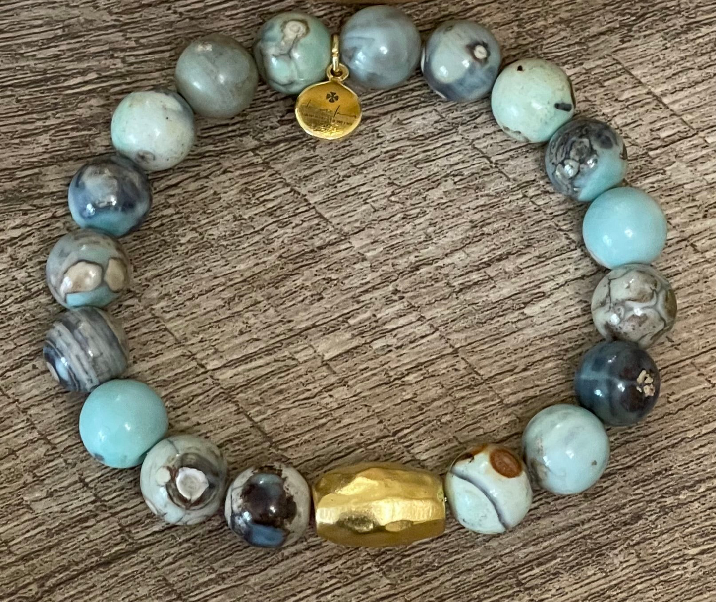Painted Sky Stretch Bracelet: Blue Crazy Lace Agate beads with Gold hammered Artisan barrel bead
