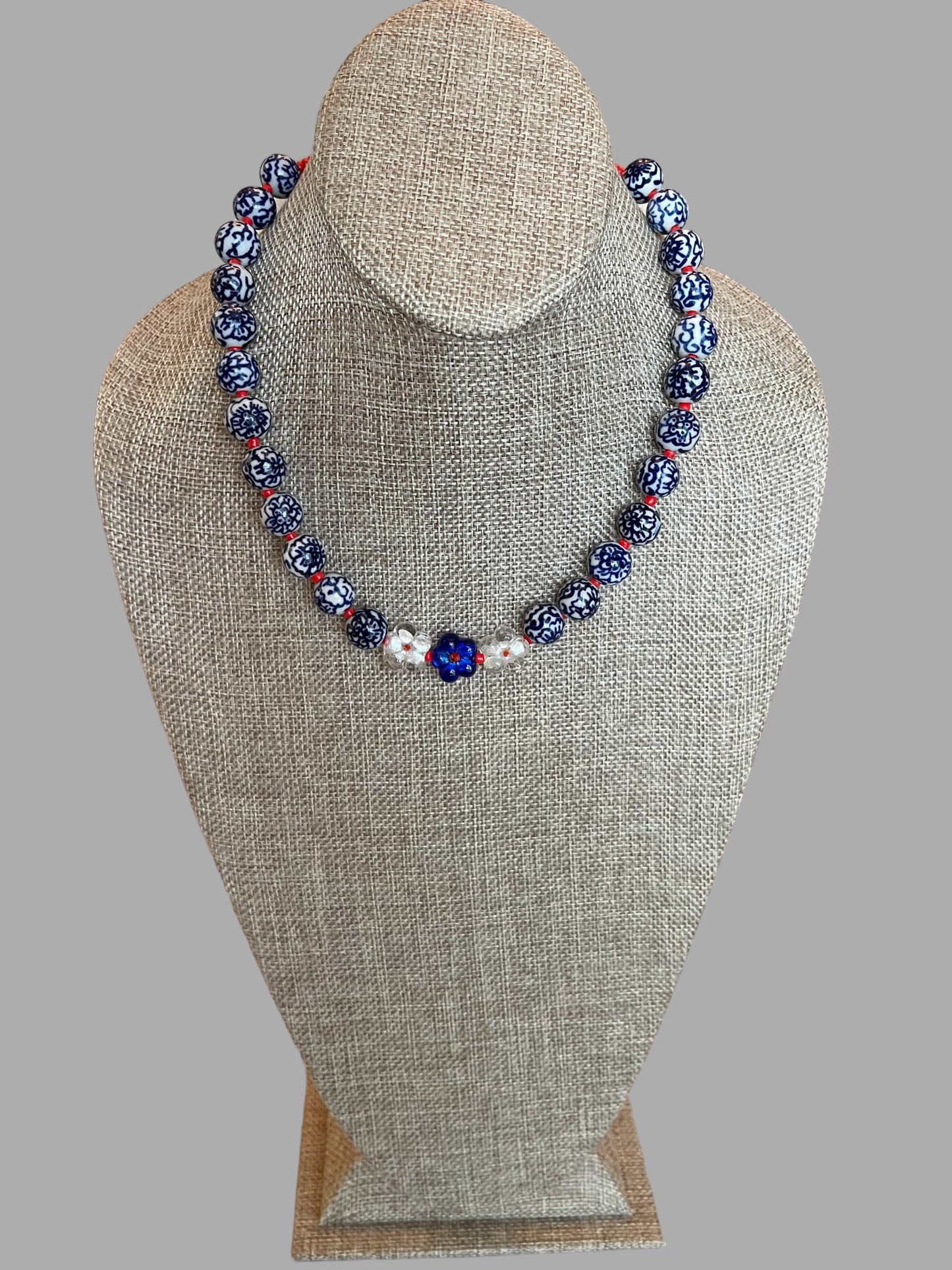 Blue Blossoms Necklace: Porcelain Chinoiserie Style Beads w Glass Flowers