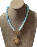 The Skylar Necklace: Sky Blue Opals with a Gold Circle Clasp and French Bee Coin Style Charm OOAK