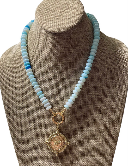 The Skylar Necklace: Sky Blue Opals with a Gold Circle Clasp and French Bee Coin Style Charm OOAK
