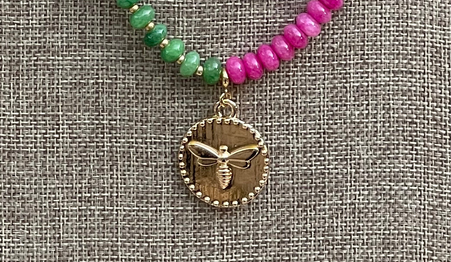 Honey Pop Necklace: OOAK Green & Hot Pink Natural Jade Stone Beads, Gold Accents, a Shiny Gold Bee Coin Style Pendant