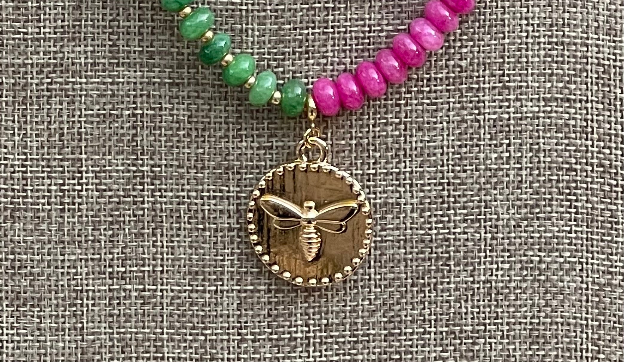Honey Pop Necklace: OOAK Green & Hot Pink Natural Jade Stone Beads, Gold Accents, a Shiny Gold Bee Coin Style Pendant