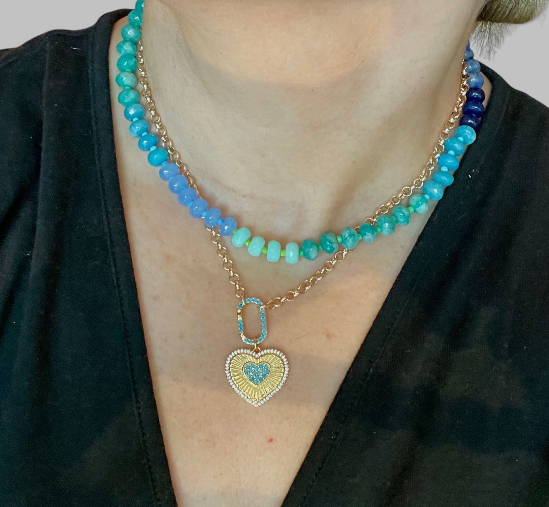Touch of Turquoise Necklace: Gold Plated Rolo Chain with a GP Turquoise Center Heart Charm
