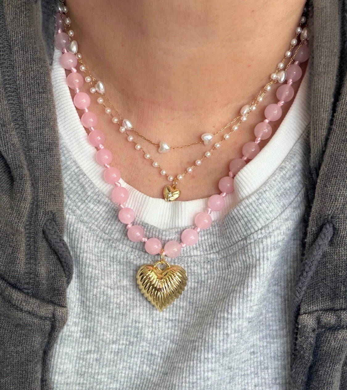 La Vie en Rose necklace: Rose Quartz round beads with choice of Heart pendant