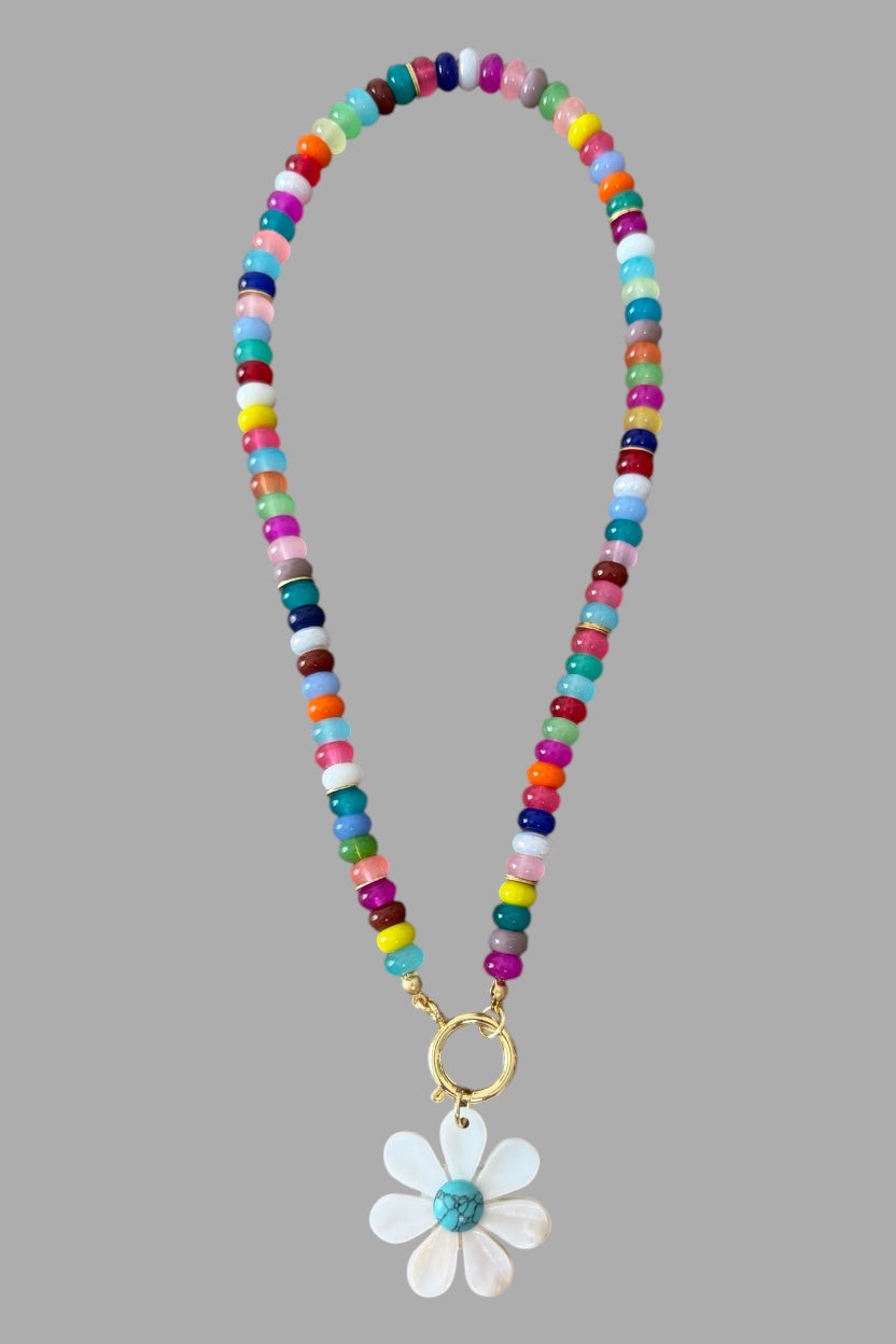 Happy Bloom Necklace: Mixed Gemstones & Glass beads Mother of Pearl Pendant