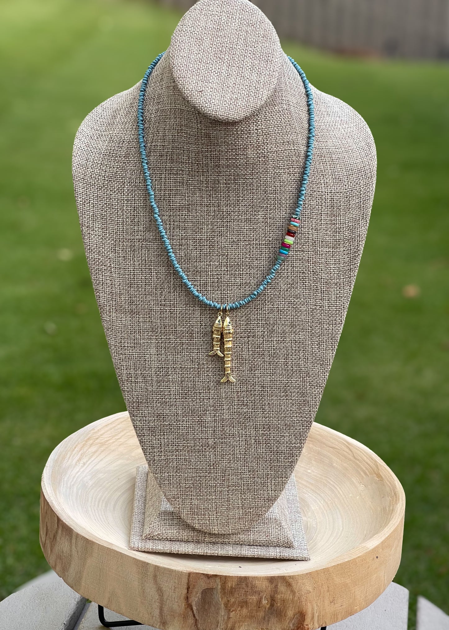 Gone Fishin’ Necklace: Indonesian Java  Beads (glass) Mixed Gemstone Accents Gold Fish Pendants