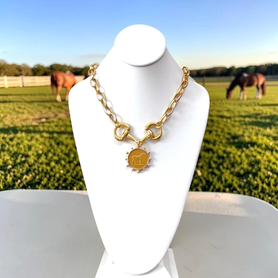 Bit of Gold: Matte and Shiny Gold Necklace with Horse Medallion OOAK