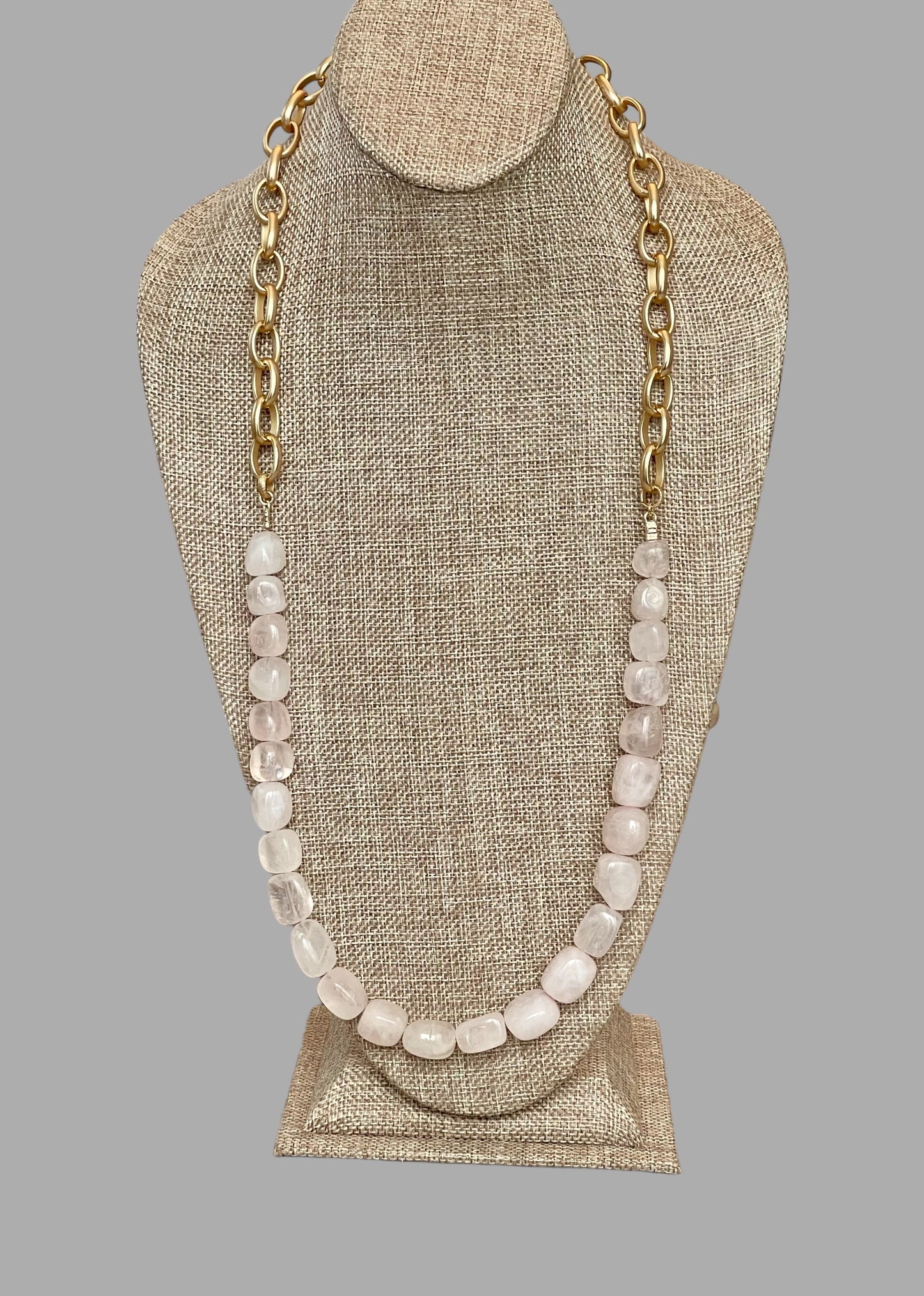 The Six Way Necklace: Rose Quartz and Brushed Gold Chain Duo with Greek Three Graces Replica Coin Pendant