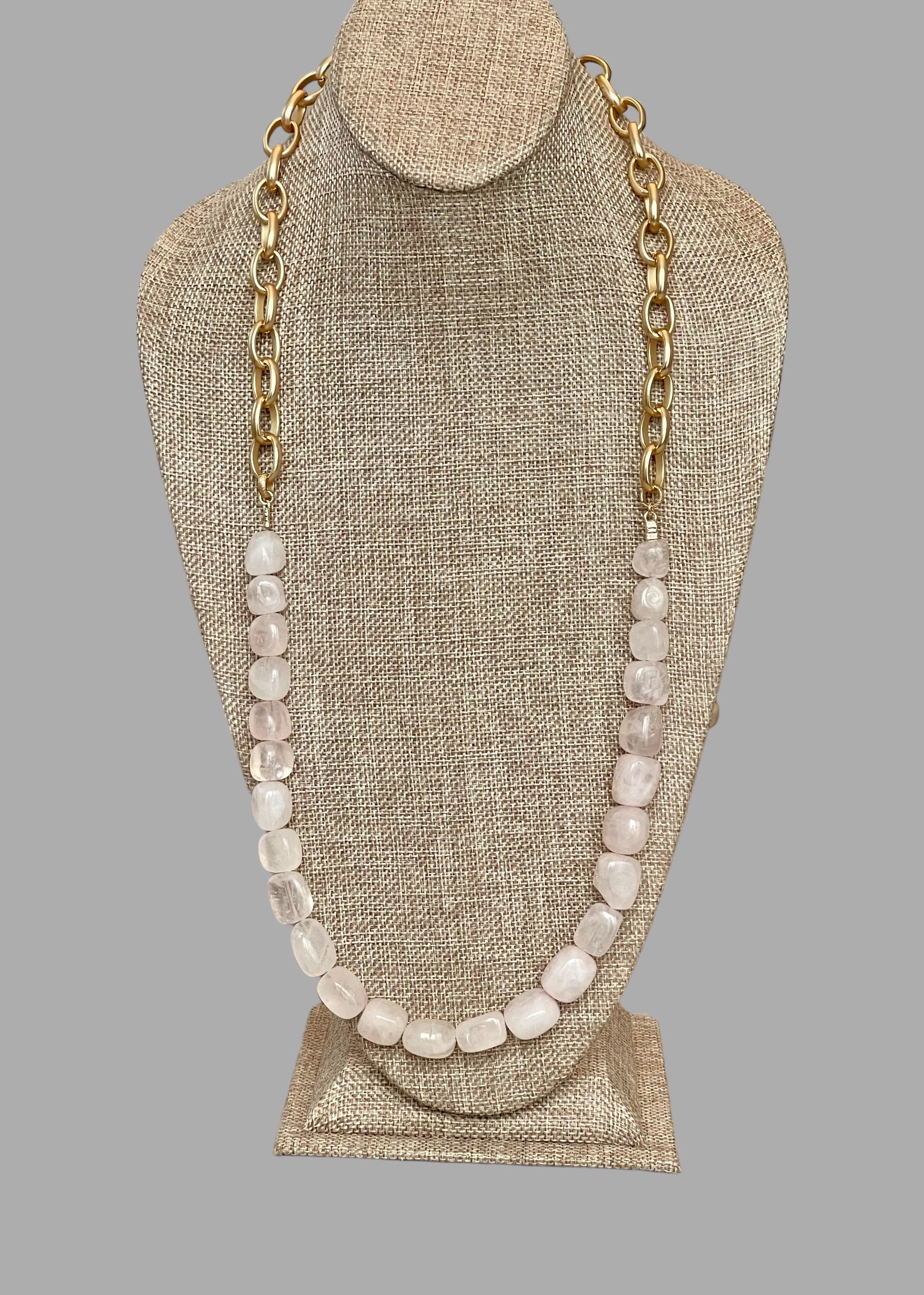 The Six Way Necklace: Rose Quartz and Brushed Gold Chain Duo with Greek Three Graces Replica Coin Pendant