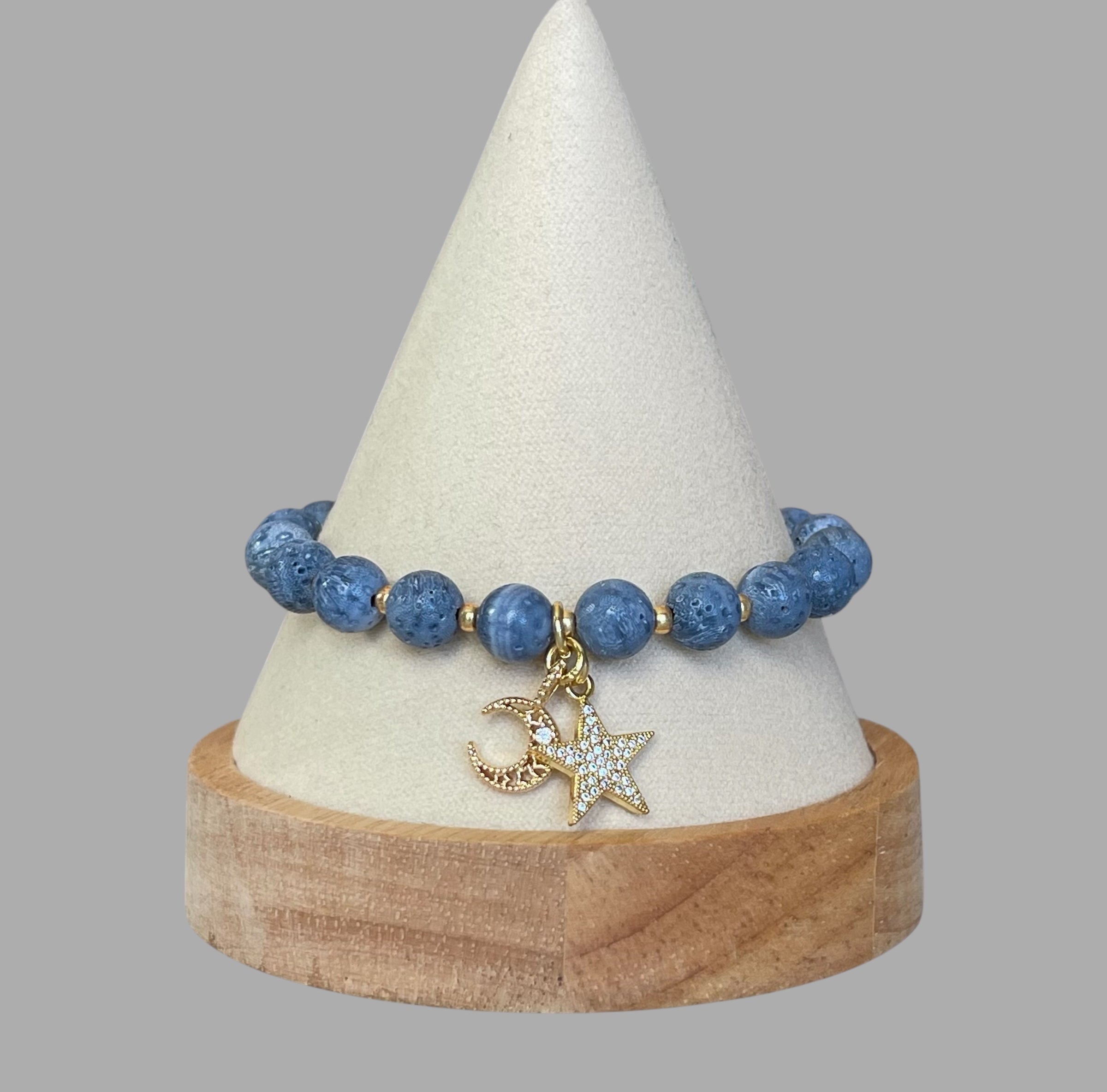 The Celestial Bracelet: Indonesian Coral beads perfect for essential oil diffusing, Gold charms with CZ accents