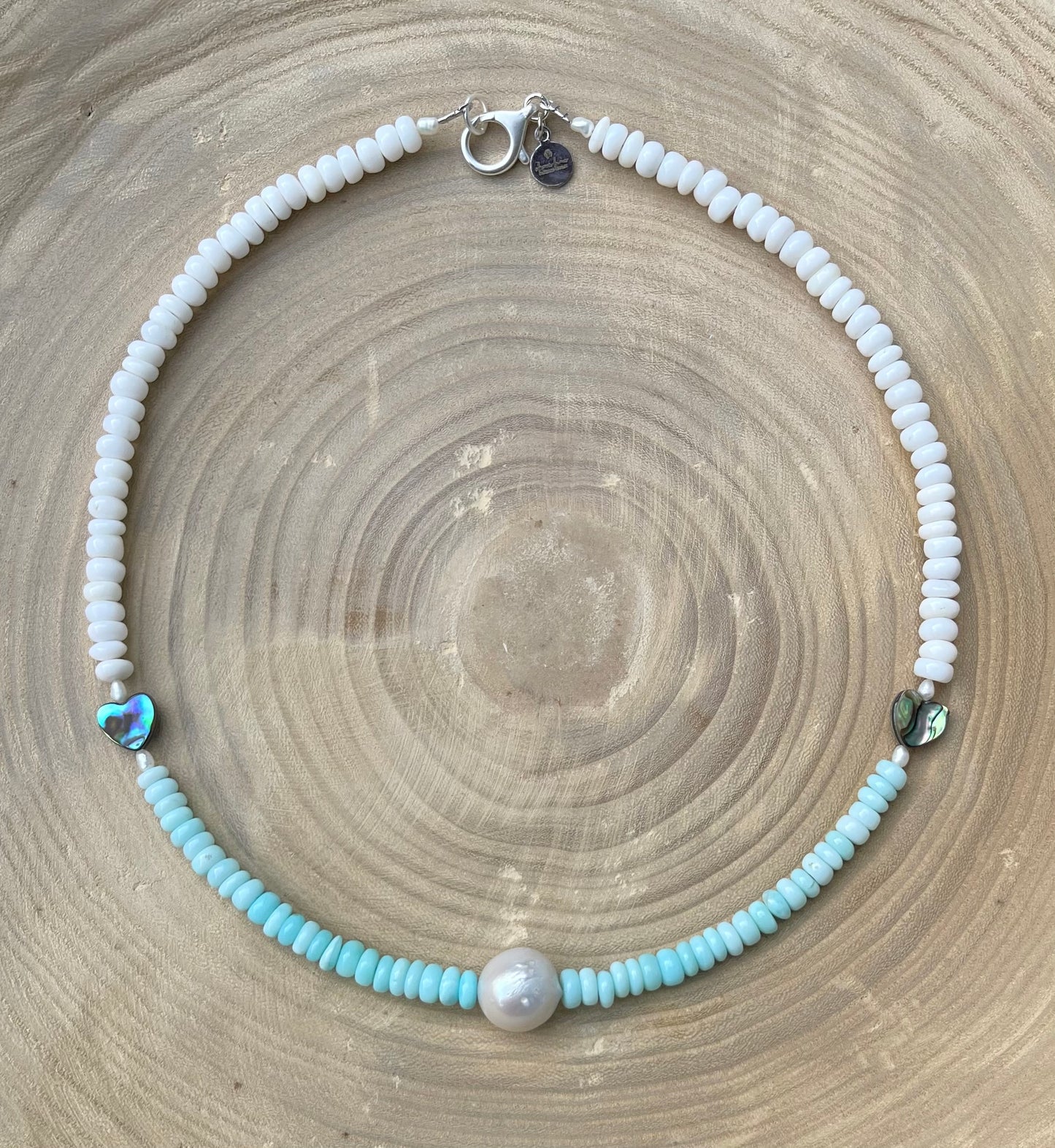 Abalone Hearts Necklace:Peruvian blue &white Opals Abalone shell 🩵 Baroque Pearl OOAK