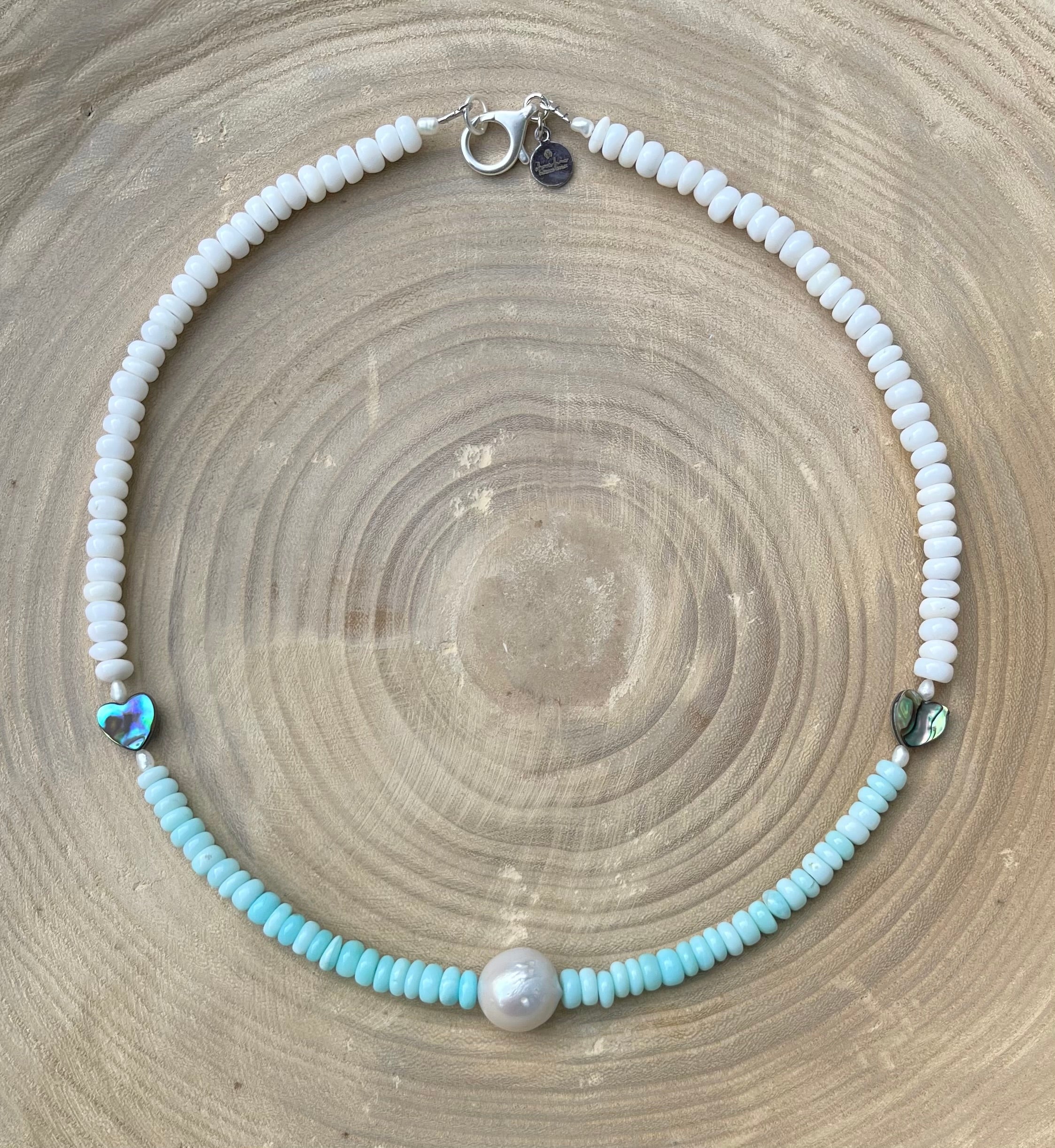 Abalone Hearts Necklace:Peruvian blue &white Opals Abalone shell 🩵 Baroque Pearl OOAK