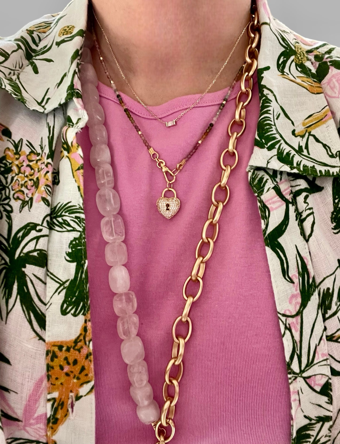 The Six Way Necklace: Rose Quartz and Brushed Gold Chain Duo with Greek Three Graces Replica Coin Pendant