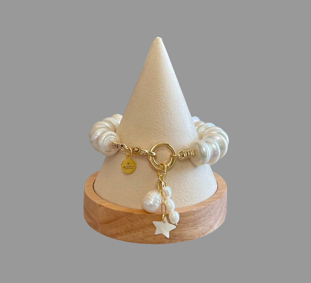 The Haven Bracelet: Coin shaped Pearls Hand-knotted on silk, Gold filled clasp/charm holder