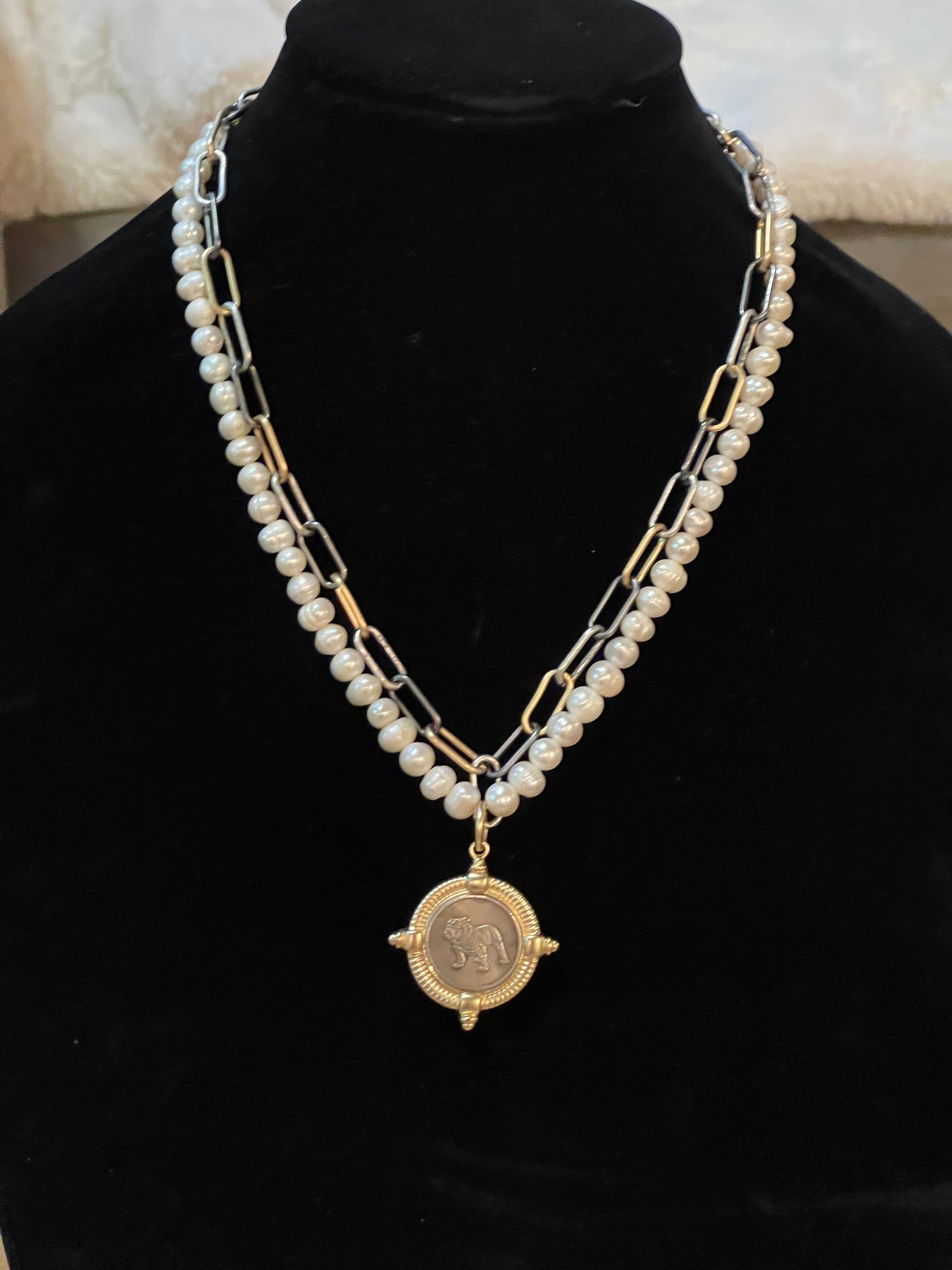 The Ugga Necklace: Pearl & Tri-tone chain (Gold Silver Gunmetal) with a beautiful gold and pewter Bulldog pendant, accented with hand-knotted authentic freshwater Pearls Lobster clasp