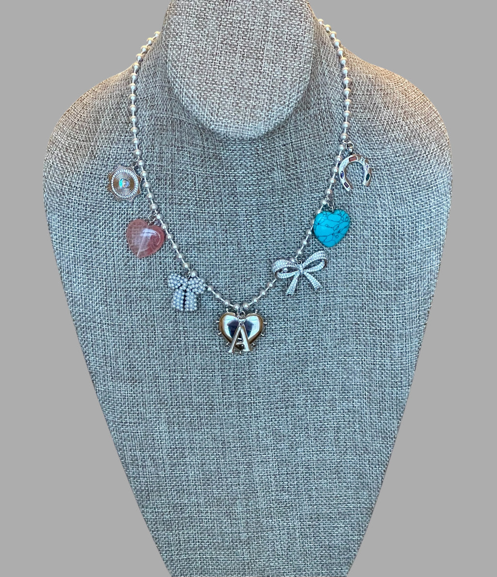 The Leslie Necklace: OOAK Silver ball chain with various silver charms and clasp